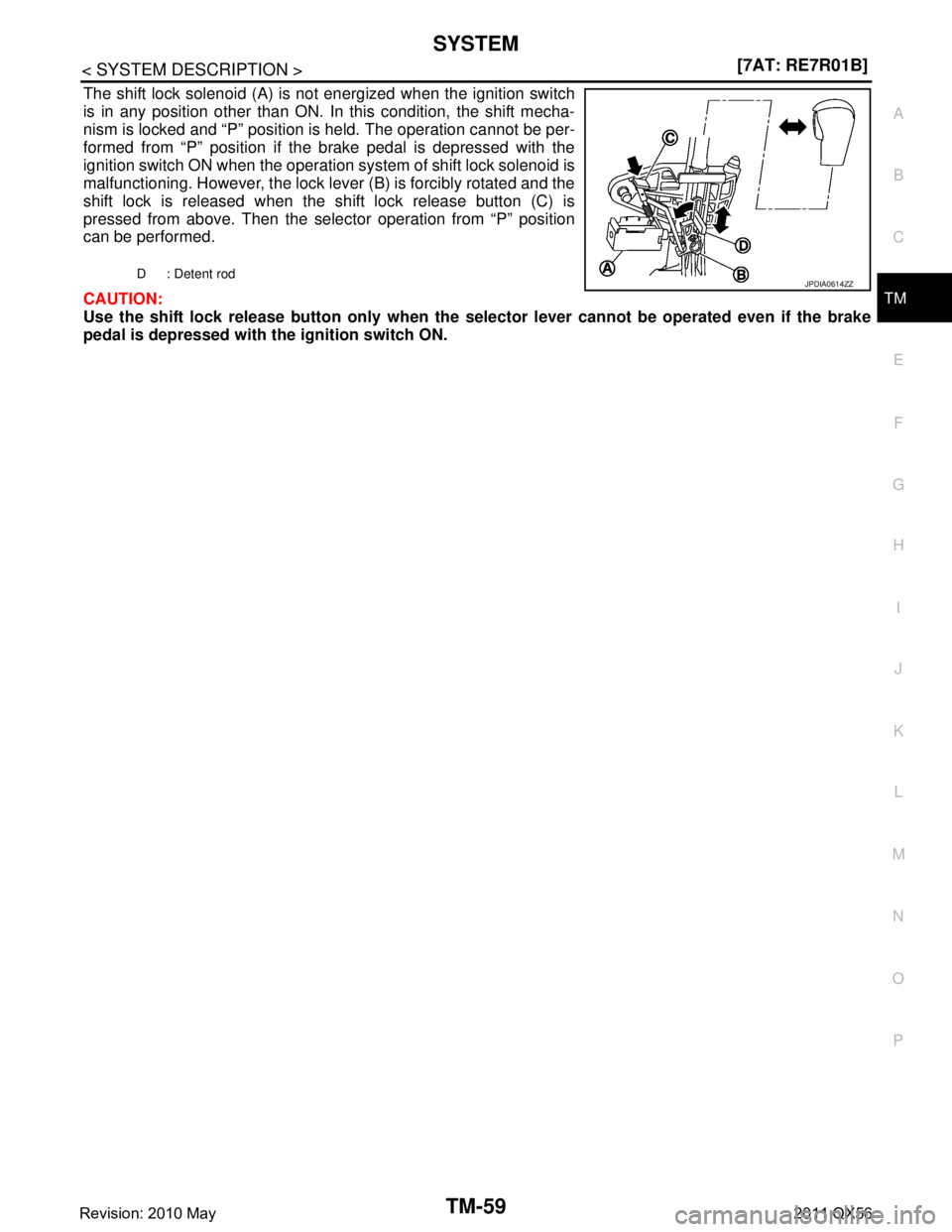 INFINITI QX56 2011  Factory Service Manual 
SYSTEMTM-59
< SYSTEM DESCRIPTION > [7AT: RE7R01B]
C
EF
G H
I
J
K L
M A
B
TM
N
O P
The shift lock solenoid (A) is not energized when the ignition switch
is in any position other than ON. In this condi