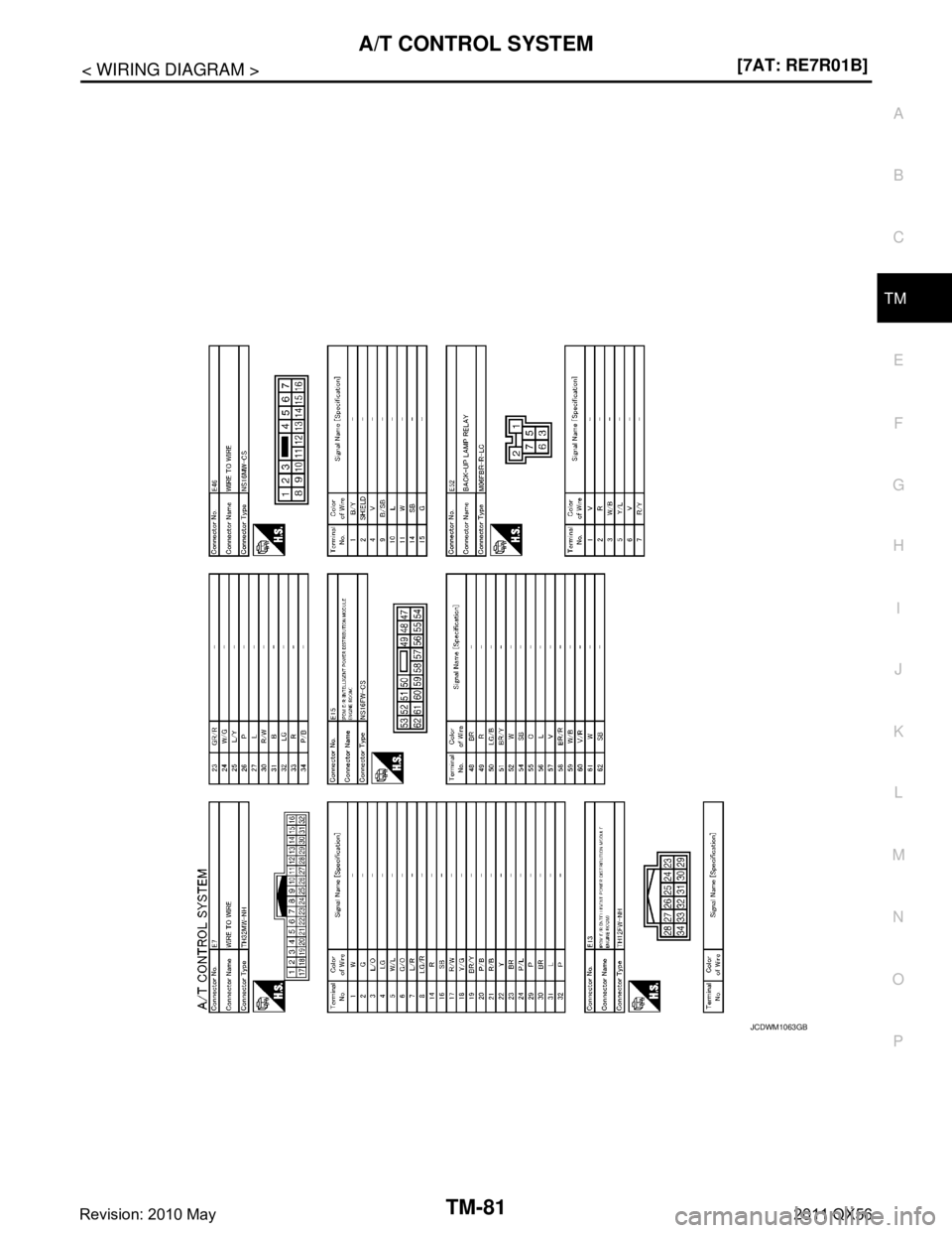INFINITI QX56 2011  Factory Service Manual 
A/T CONTROL SYSTEMTM-81
< WIRING DIAGRAM > [7AT: RE7R01B]
C
EF
G H
I
J
K L
M A
B
TM
N
O P
JCDWM1063GB
Revision: 2010 May2011 QX56  