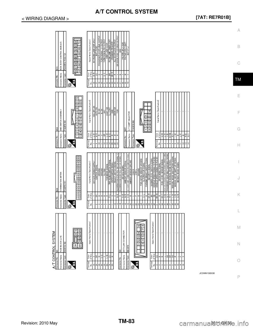 INFINITI QX56 2011  Factory Service Manual 
A/T CONTROL SYSTEMTM-83
< WIRING DIAGRAM > [7AT: RE7R01B]
C
EF
G H
I
J
K L
M A
B
TM
N
O P
JCDWM1065GB
Revision: 2010 May2011 QX56  