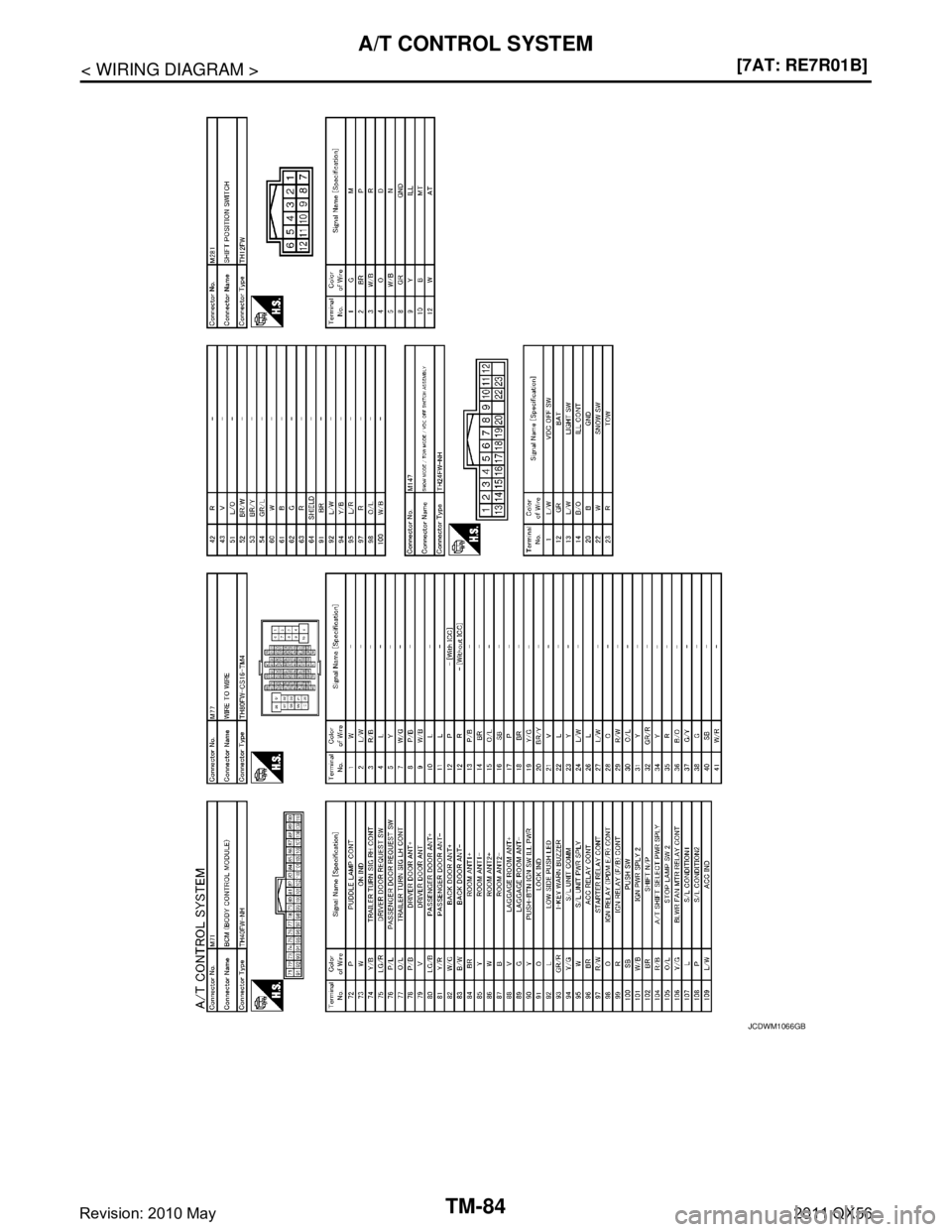 INFINITI QX56 2011  Factory Service Manual 
TM-84
< WIRING DIAGRAM >[7AT: RE7R01B]
A/T CONTROL SYSTEM
JCDWM1066GB
Revision: 2010 May2011 QX56  
