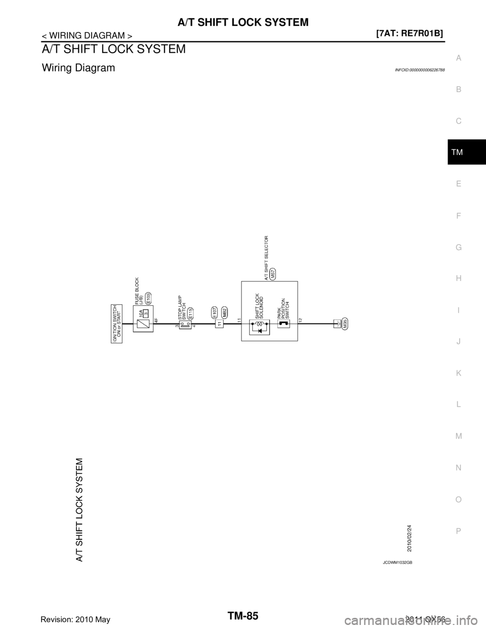 INFINITI QX56 2011  Factory Service Manual 
A/T SHIFT LOCK SYSTEMTM-85
< WIRING DIAGRAM > [7AT: RE7R01B]
C
EF
G H
I
J
K L
M A
B
TM
N
O P
A/T SHIFT LOCK SYSTEM
Wiring DiagramINFOID:0000000006226788
JCDWM1032GB
Revision: 2010 May2011 QX56  