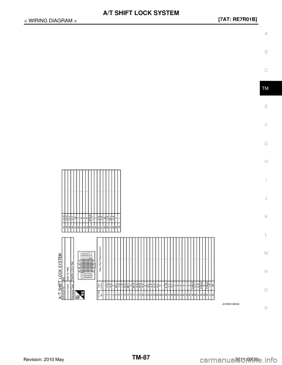 INFINITI QX56 2011  Factory Service Manual 
A/T SHIFT LOCK SYSTEMTM-87
< WIRING DIAGRAM > [7AT: RE7R01B]
C
EF
G H
I
J
K L
M A
B
TM
N
O P
JCDWM1068GB
Revision: 2010 May2011 QX56  
