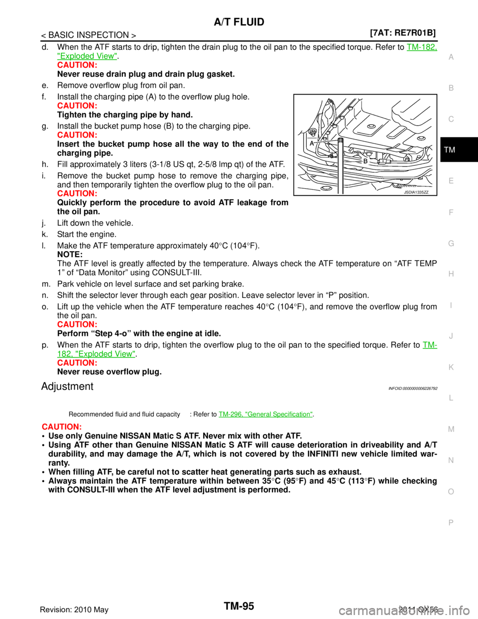 INFINITI QX56 2011  Factory Service Manual 
A/T FLUIDTM-95
< BASIC INSPECTION > [7AT: RE7R01B]
C
EF
G H
I
J
K L
M A
B
TM
N
O P
d. When the ATF starts to drip, tighten the drain plug  to the oil pan to the specified torque. Refer to TM-182,
"Ex