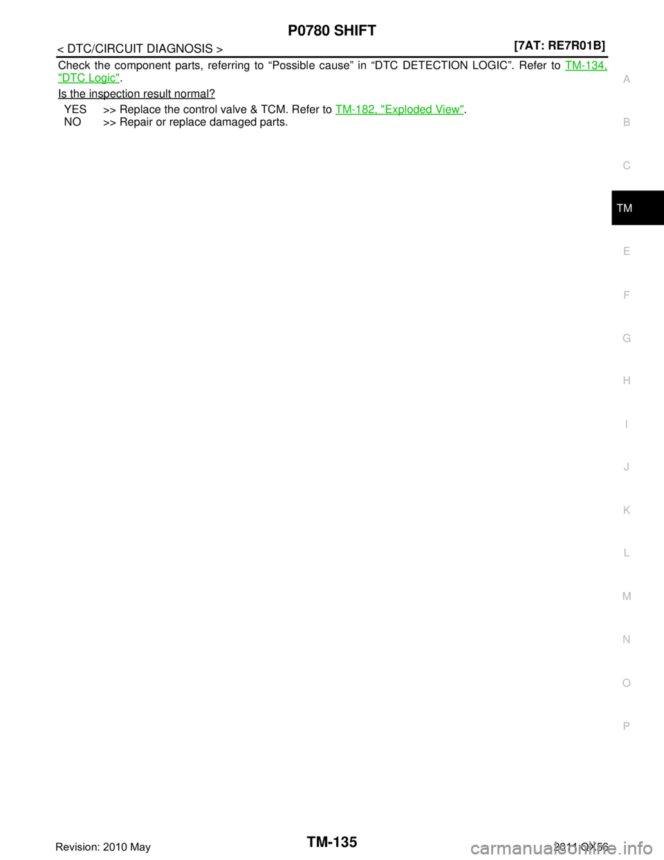 INFINITI QX56 2011  Factory Service Manual 
P0780 SHIFTTM-135
< DTC/CIRCUIT DIAGNOSIS > [7AT: RE7R01B]
C
EF
G H
I
J
K L
M A
B
TM
N
O P
Check the component parts, referring to “Possibl e cause” in “DTC DETECTION LOGIC”. Refer to  TM-134