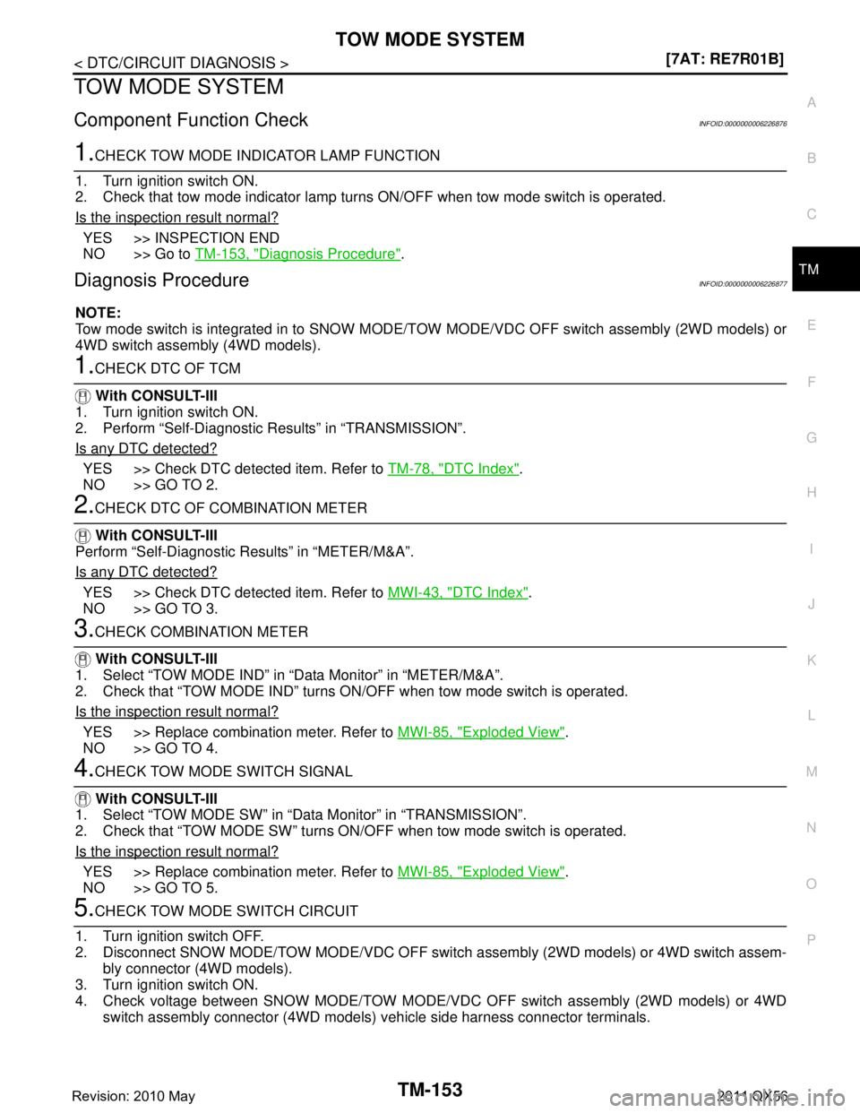 INFINITI QX56 2011  Factory Service Manual 
TOW MODE SYSTEMTM-153
< DTC/CIRCUIT DIAGNOSIS > [7AT: RE7R01B]
C
EF
G H
I
J
K L
M A
B
TM
N
O P
TOW MODE SYSTEM
Component Function CheckINFOID:0000000006226876
1.CHECK TOW MODE INDICATOR LAMP FUNCTION