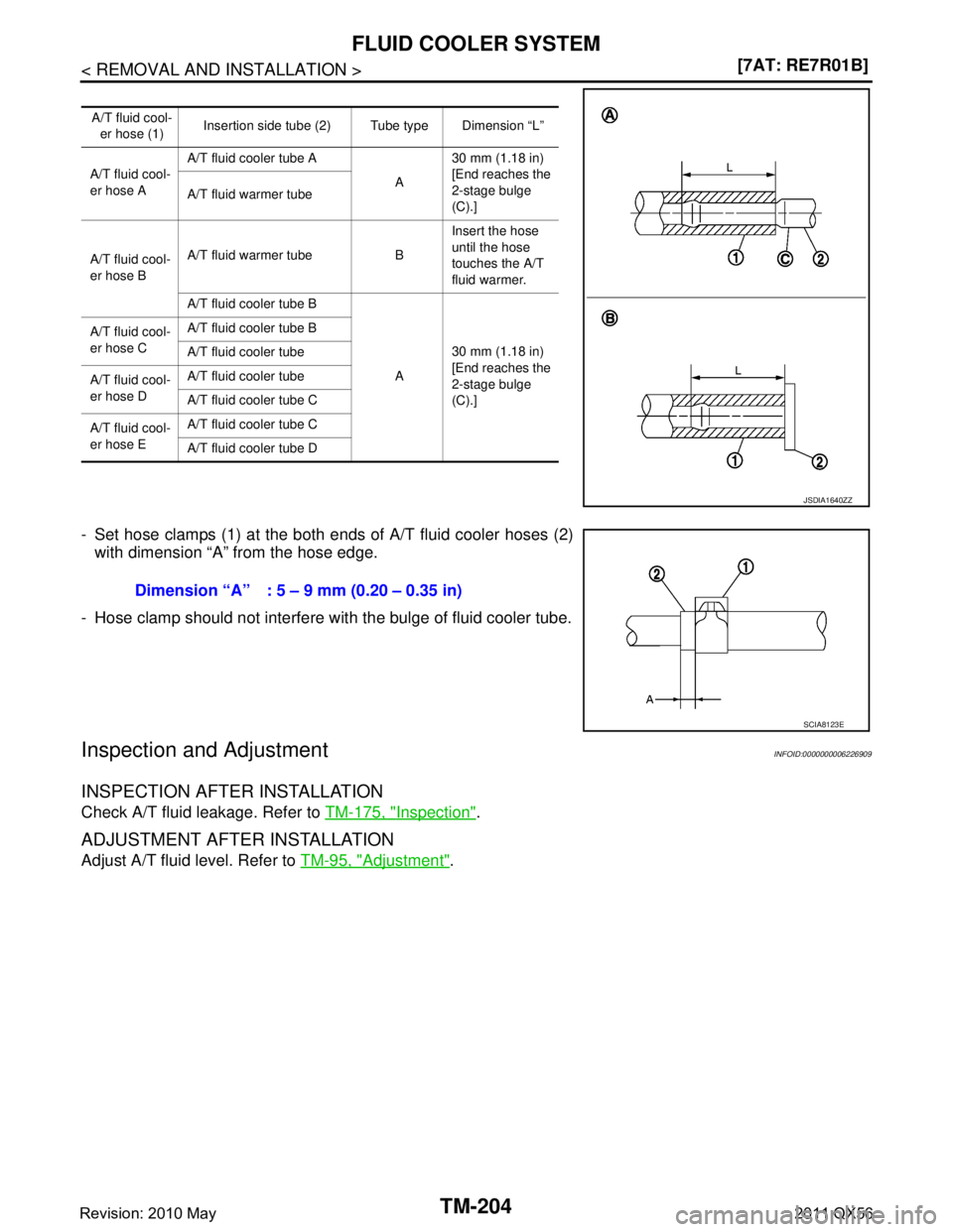 INFINITI QX56 2011  Factory Service Manual 
TM-204
< REMOVAL AND INSTALLATION >[7AT: RE7R01B]
FLUID COOLER SYSTEM
- Set hose clamps (1) at the both ends of A/T fluid cooler hoses (2)
with dimension “A” from the hose edge.
- Hose clamp shou