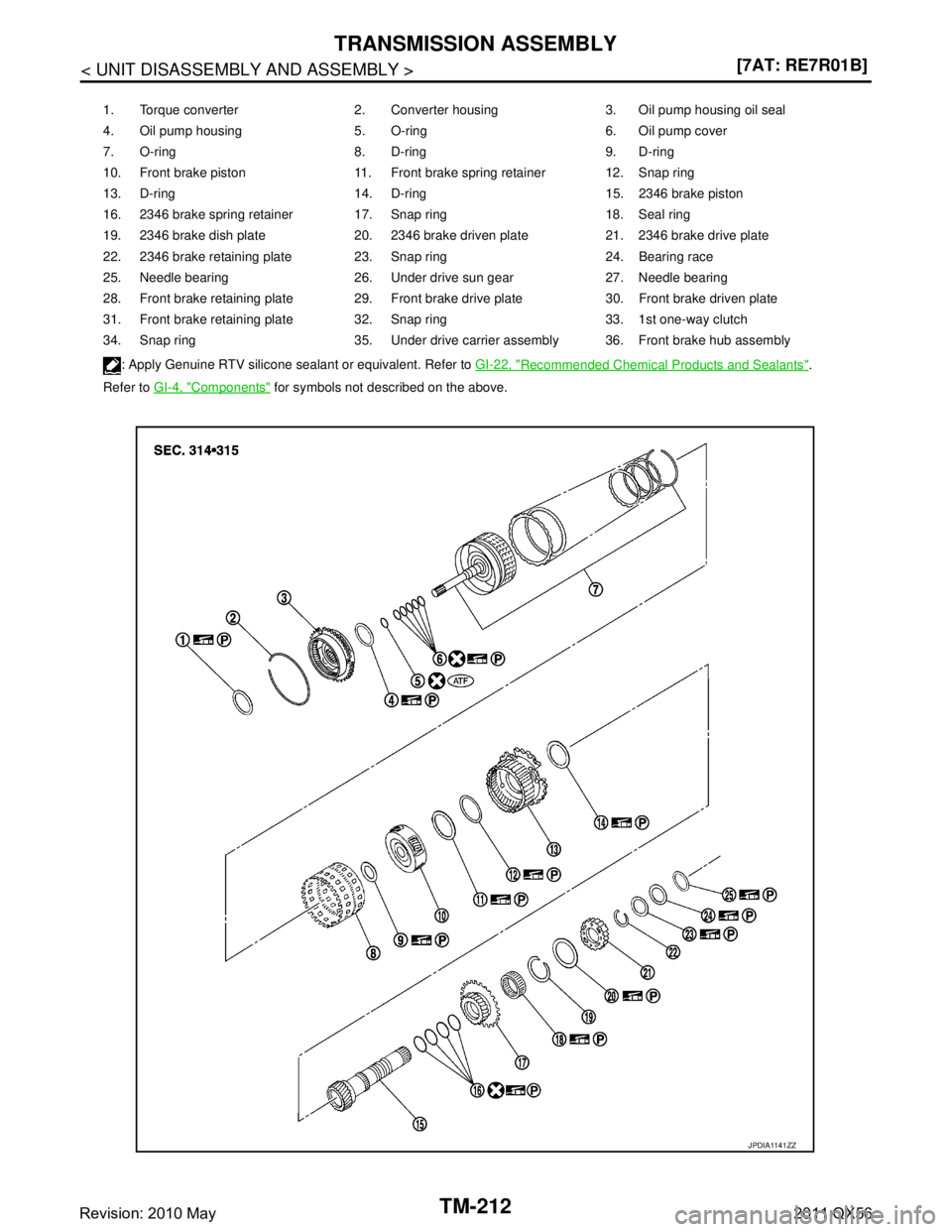 INFINITI QX56 2011  Factory Service Manual 
TM-212
< UNIT DISASSEMBLY AND ASSEMBLY >[7AT: RE7R01B]
TRANSMISSION ASSEMBLY
1. Torque converter 2. Converter housing 3. Oil pump housing oil seal
4. Oil pump housing 5. O-ring 6. Oil pump cover
7. O