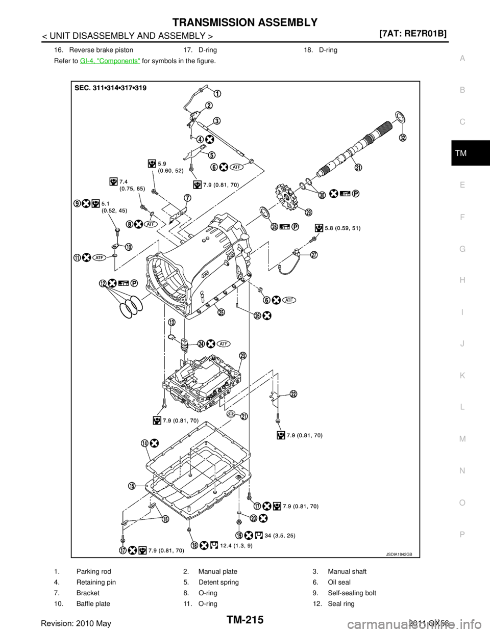 INFINITI QX56 2011  Factory Service Manual 
TRANSMISSION ASSEMBLYTM-215
< UNIT DISASSEMBLY AND ASSEMBLY > [7AT: RE7R01B]
C
EF
G H
I
J
K L
M A
B
TM
N
O P
16. Reverse brake piston 17. D-ring 18. D-ring
Refer to  GI-4, "
Components" for symbols i