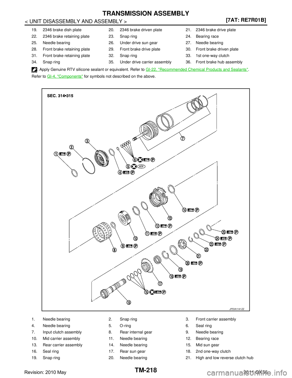 INFINITI QX56 2011  Factory Service Manual 
TM-218
< UNIT DISASSEMBLY AND ASSEMBLY >[7AT: RE7R01B]
TRANSMISSION ASSEMBLY
19. 2346 brake dish plate 20. 2346 brake driven plate 21. 2346 brake drive plate
22. 2346 brake retaining plate 23. Snap r
