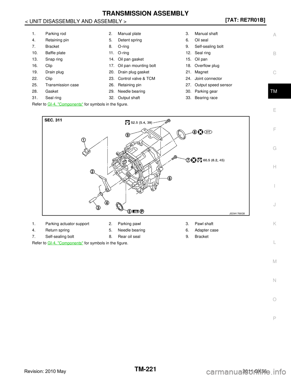 INFINITI QX56 2011  Factory Service Manual 
TRANSMISSION ASSEMBLYTM-221
< UNIT DISASSEMBLY AND ASSEMBLY > [7AT: RE7R01B]
C
EF
G H
I
J
K L
M A
B
TM
N
O P
1. Parking rod 2. Manual plate 3. Manual shaft
4. Retaining pin 5. Detent spring 6. Oil se
