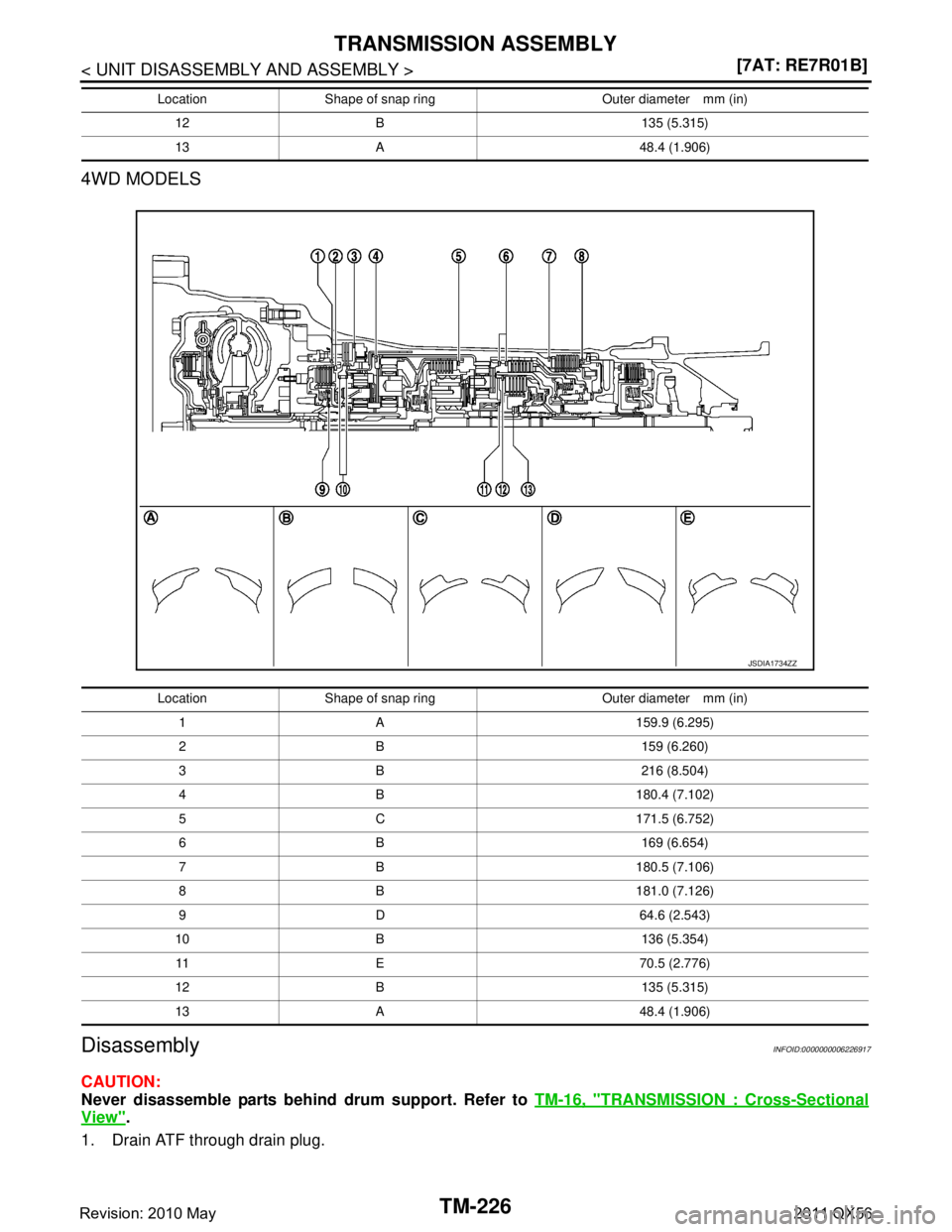 INFINITI QX56 2011  Factory Service Manual 
TM-226
< UNIT DISASSEMBLY AND ASSEMBLY >[7AT: RE7R01B]
TRANSMISSION ASSEMBLY
4WD MODELS
DisassemblyINFOID:0000000006226917
CAUTION:
Never disassemble parts behind
 drum support. Refer to TM-16, "
TRA