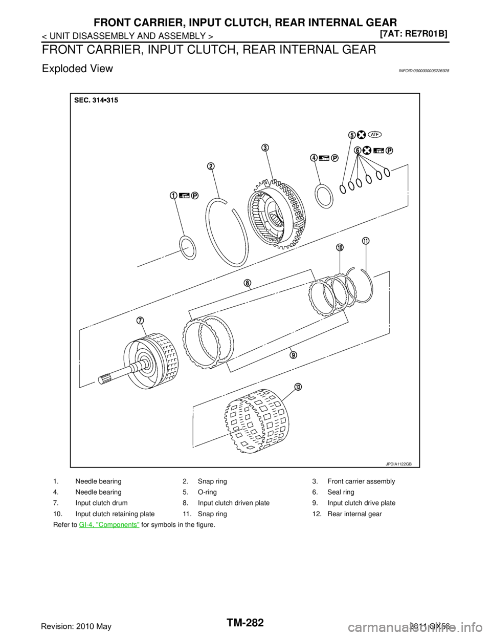 INFINITI QX56 2011  Factory Service Manual 
TM-282
< UNIT DISASSEMBLY AND ASSEMBLY >[7AT: RE7R01B]
FRONT CARRIER, INPUT CLUT
CH, REAR INTERNAL GEAR
FRONT CARRIER, INPUT CLUTCH, REAR INTERNAL GEAR
Exploded ViewINFOID:0000000006226928
1. Needle 