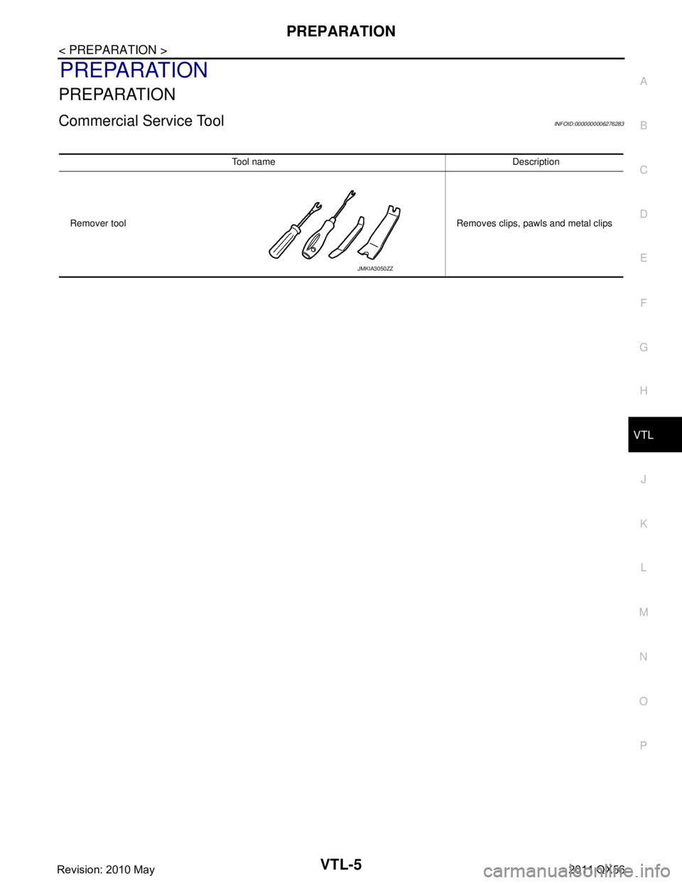 INFINITI QX56 2011  Factory Service Manual 
PREPARATIONVTL-5
< PREPARATION >
C
DE
F
G H
J
K L
M A
B
VTL
N
O P
PREPARATION
PREPARATION
Commercial Service ToolINFOID:0000000006276283
Tool name Description
Remover tool Removes clips, pawls and me