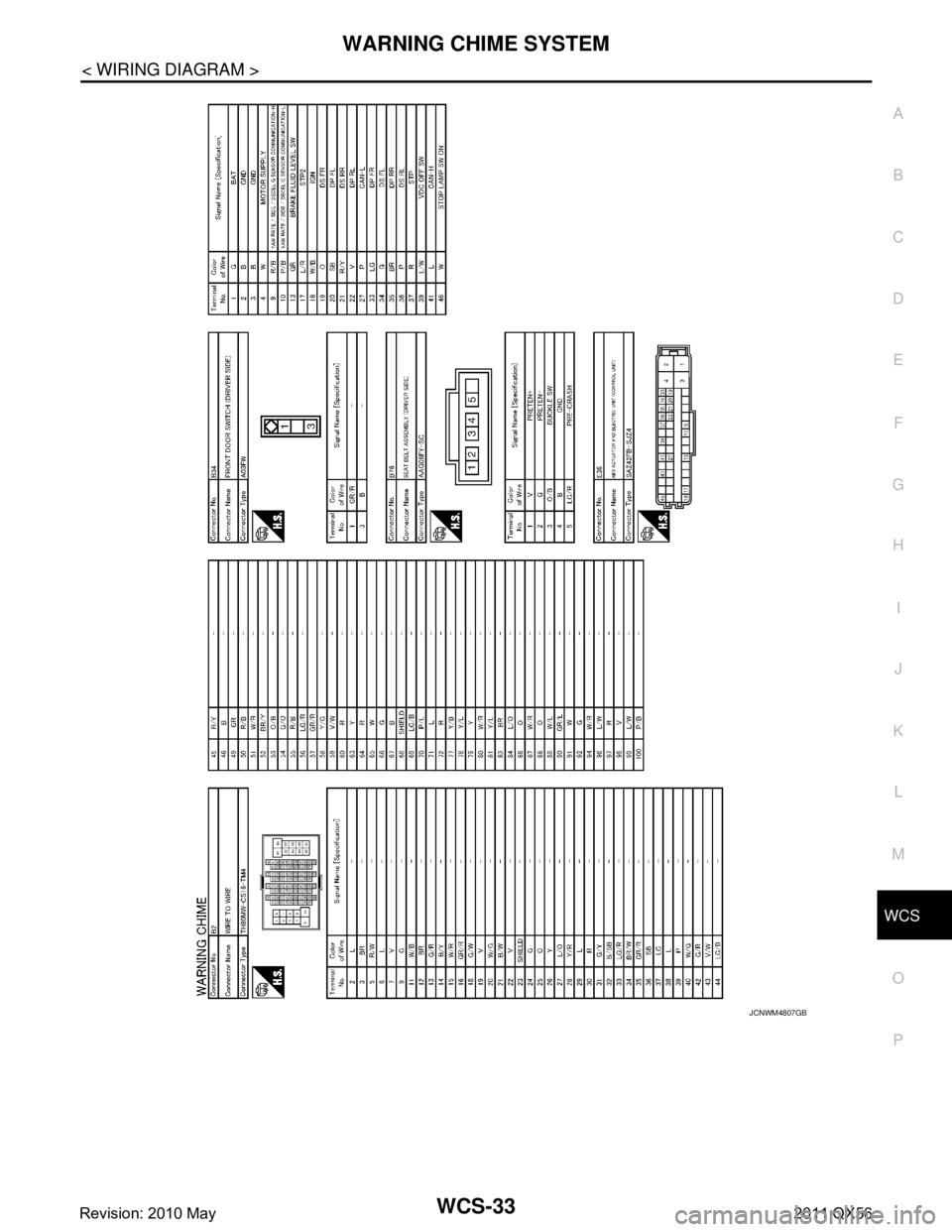 INFINITI QX56 2011  Factory Service Manual 
WCS
WARNING CHIME SYSTEMWCS-33
< WIRING DIAGRAM >
C
DE
F
G H
I
J
K L
M B A
O P
JCNWM4807GB
Revision: 2010 May2011 QX56  