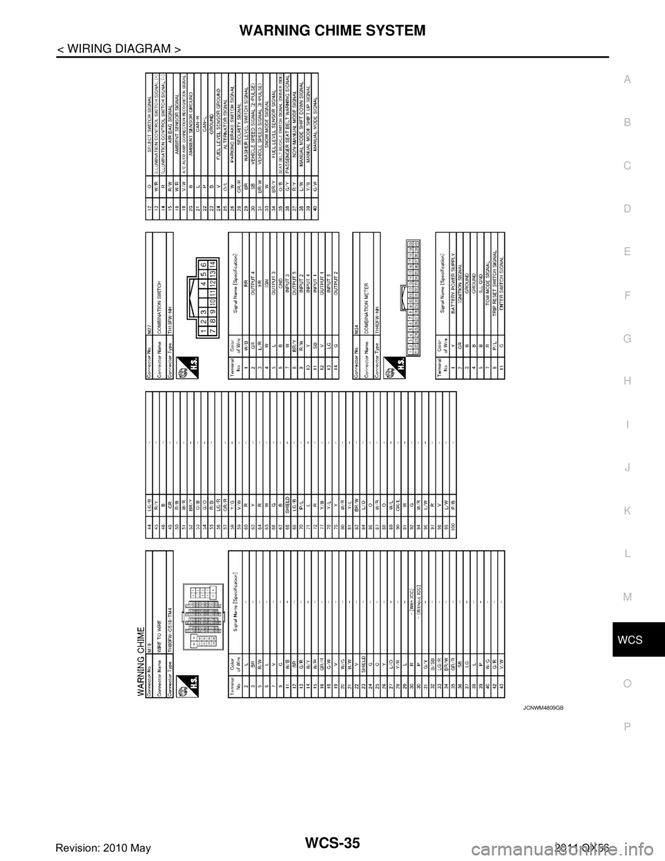 INFINITI QX56 2011  Factory Service Manual 
WCS
WARNING CHIME SYSTEMWCS-35
< WIRING DIAGRAM >
C
DE
F
G H
I
J
K L
M B A
O P
JCNWM4809GB
Revision: 2010 May2011 QX56  
