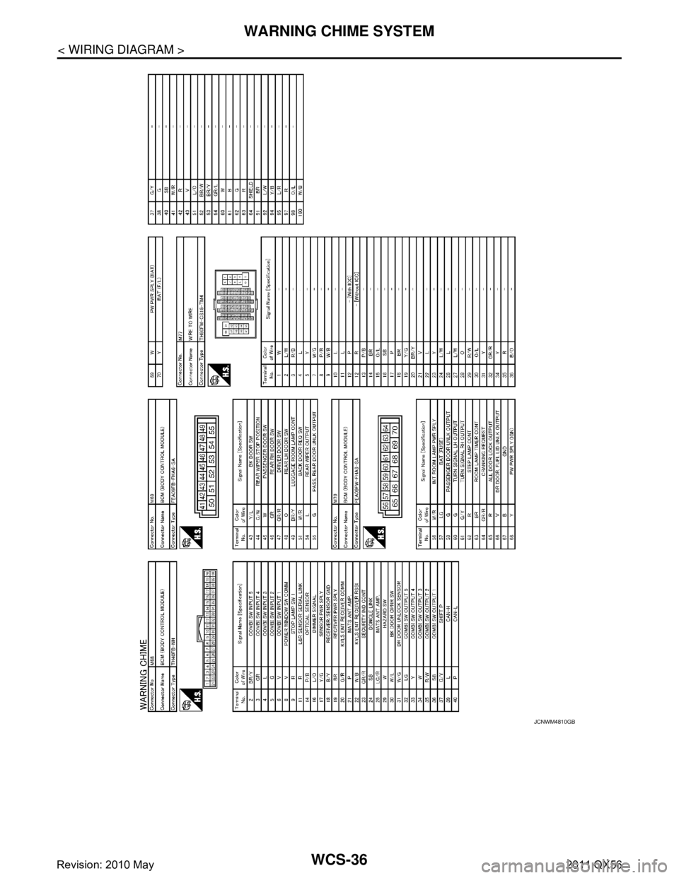 INFINITI QX56 2011  Factory Service Manual 
WCS-36
< WIRING DIAGRAM >
WARNING CHIME SYSTEM
JCNWM4810GB
Revision: 2010 May2011 QX56  