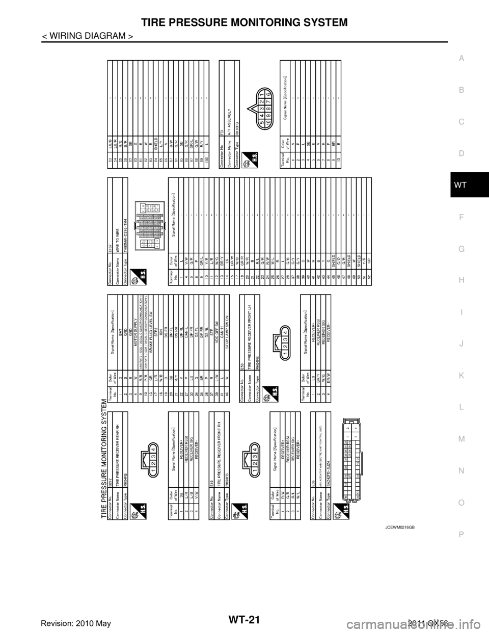 INFINITI QX56 2011  Factory Service Manual 
TIRE PRESSURE MONITORING SYSTEMWT-21
< WIRING DIAGRAM >
C
DF
G H
I
J
K L
M A
B
WT
N
O P
JCEWM0216GB
Revision: 2010 May2011 QX56  