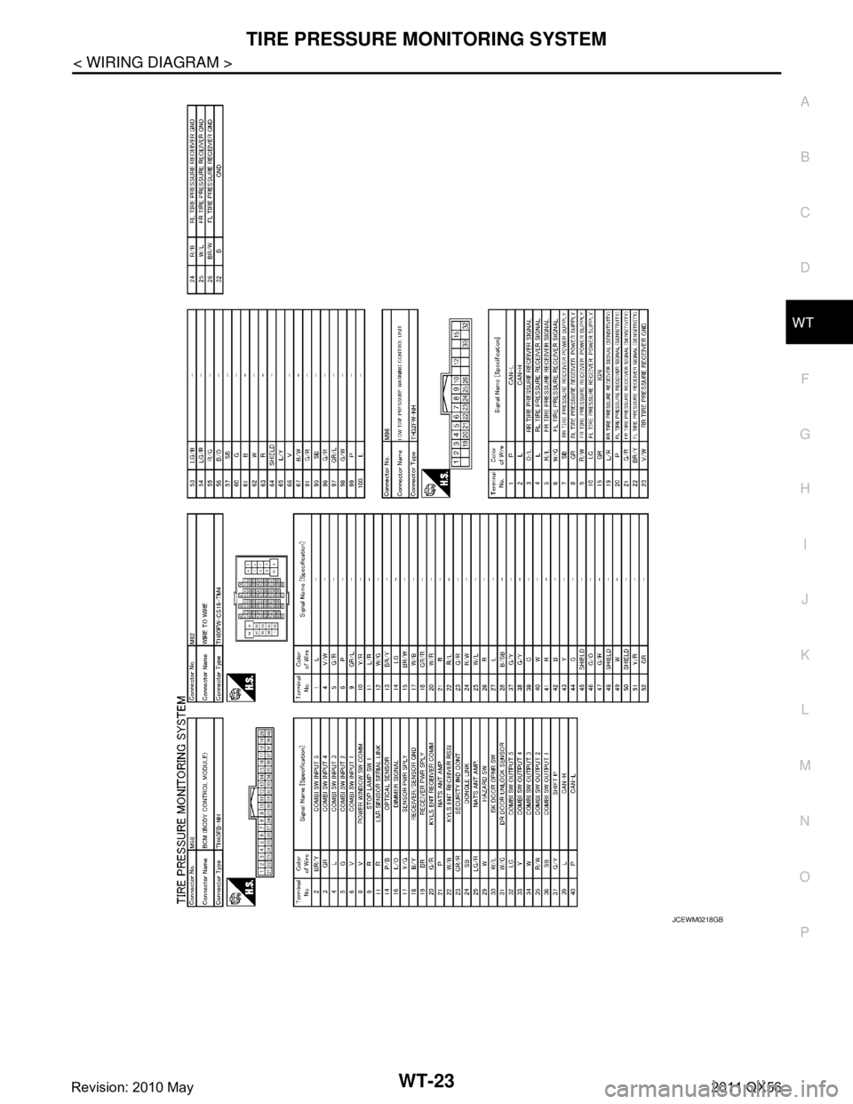 INFINITI QX56 2011  Factory Service Manual 
TIRE PRESSURE MONITORING SYSTEMWT-23
< WIRING DIAGRAM >
C
DF
G H
I
J
K L
M A
B
WT
N
O P
JCEWM0218GB
Revision: 2010 May2011 QX56  
