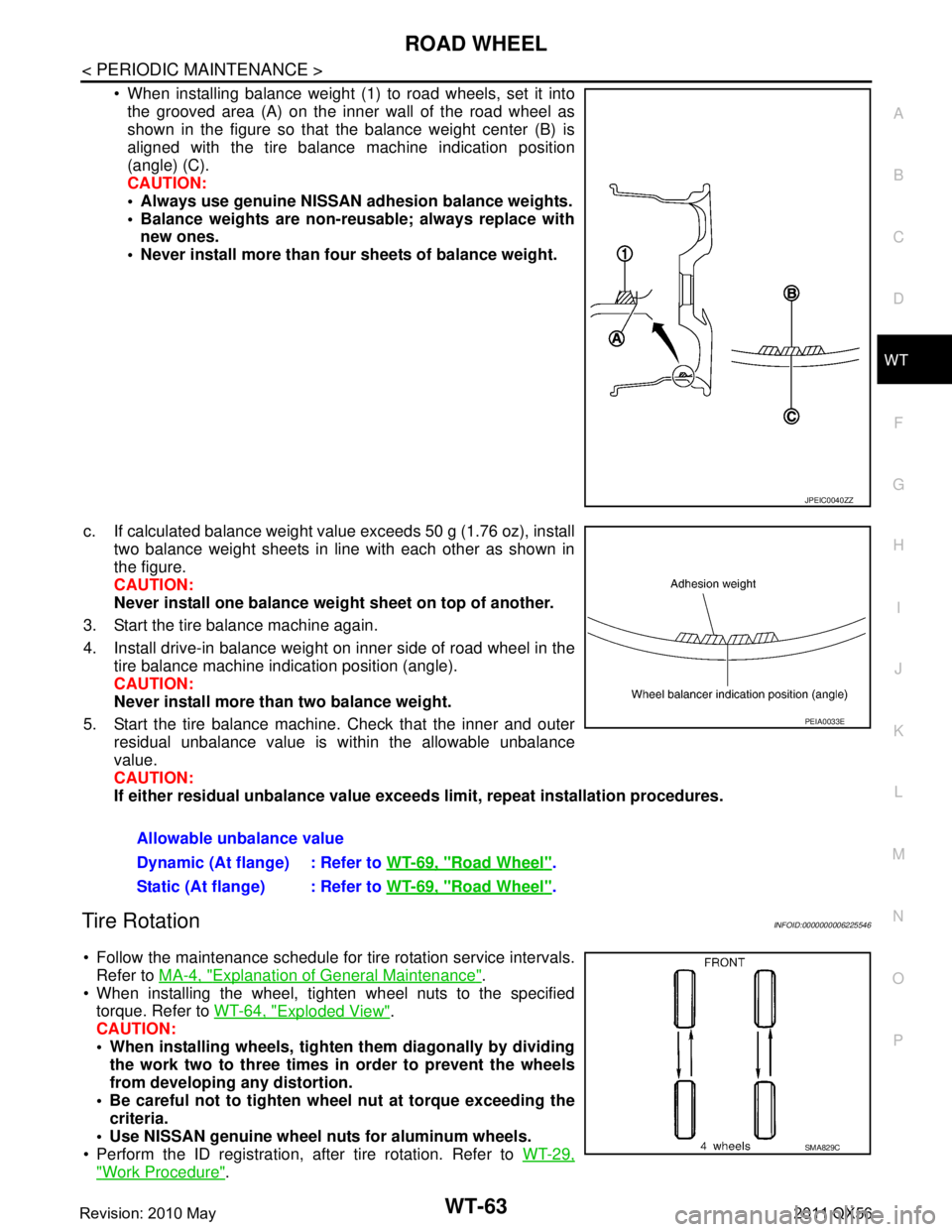 INFINITI QX56 2011  Factory Service Manual 
ROAD WHEELWT-63
< PERIODIC MAINTENANCE >
C
DF
G H
I
J
K L
M A
B
WT
N
O P
 When installing balance weight (1) to road wheels, set it into the grooved area (A) on the inner wall of the road wheel as
s