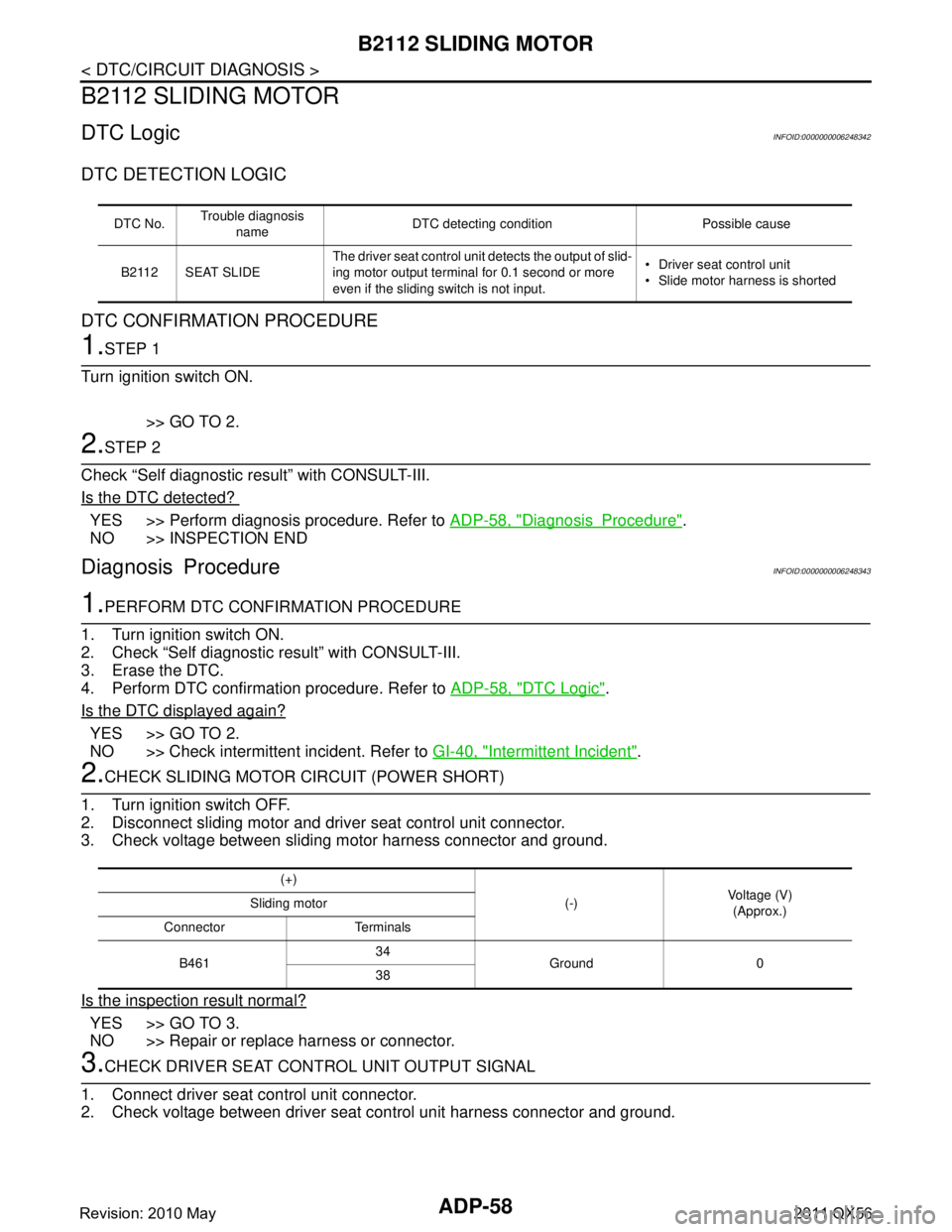 INFINITI QX56 2011 Factory Service Manual
ADP-58
< DTC/CIRCUIT DIAGNOSIS >
B2112 SLIDING MOTOR
B2112 SLIDING MOTOR
DTC LogicINFOID:0000000006248342
DTC DETECTION LOGIC
DTC CONFIRMATION PROCEDURE
1.STEP 1
Turn ignition switch ON.
>> GO TO 2.
INFINITI QX56 2011 Factory Service Manual
ADP-58
< DTC/CIRCUIT DIAGNOSIS >
B2112 SLIDING MOTOR
B2112 SLIDING MOTOR
DTC LogicINFOID:0000000006248342
DTC DETECTION LOGIC
DTC CONFIRMATION PROCEDURE
1.STEP 1
Turn ignition switch ON.
>> GO TO 2.