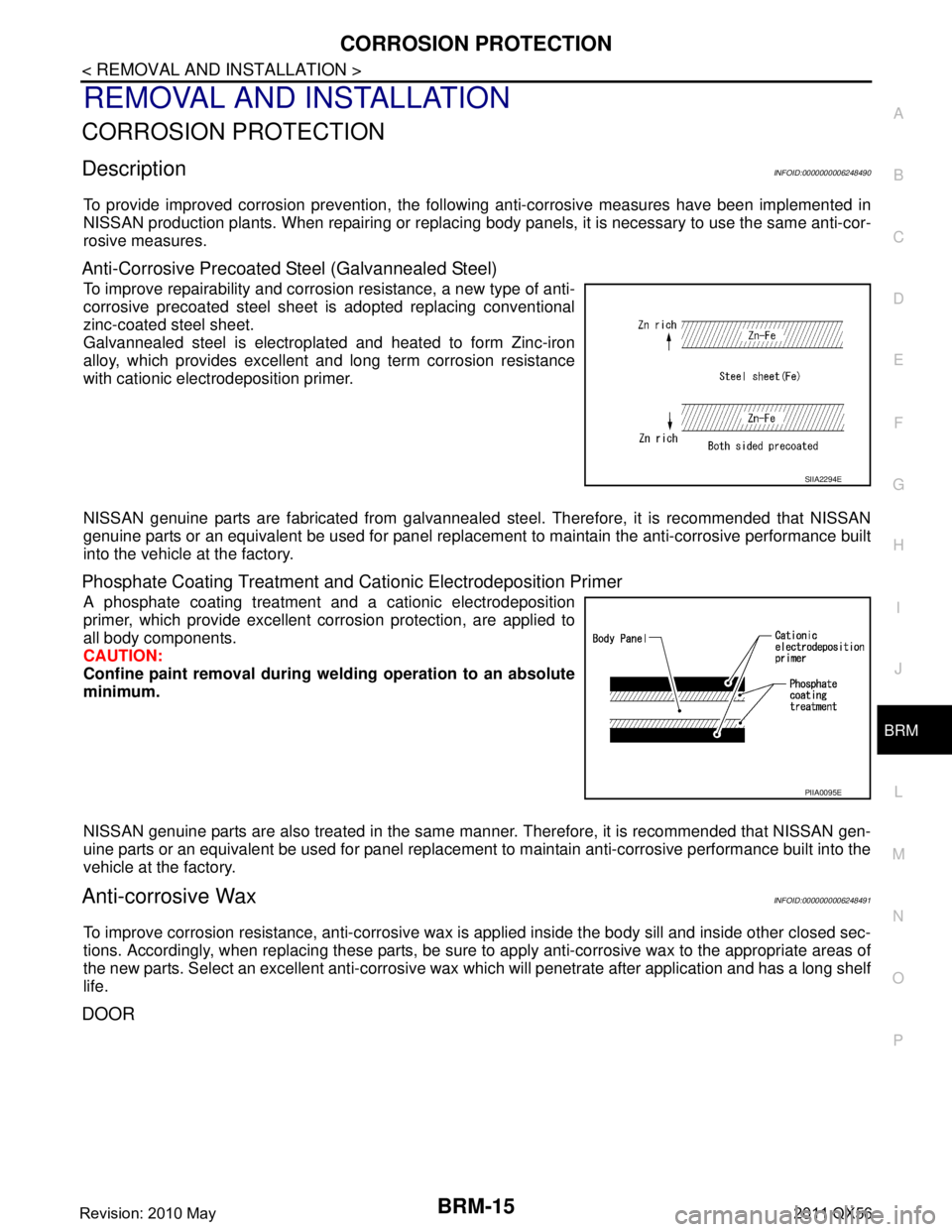 INFINITI QX56 2011 Factory Service Manual
CORROSION PROTECTIONBRM-15
< REMOVAL AND INSTALLATION >
C
DE
F
G H
I
J
L
M A
B
BRM
N
O P
REMOVAL AND INSTALLATION
CORROSION PROTECTION
DescriptionINFOID:0000000006248490
To provide improved corrosion INFINITI QX56 2011 Factory Service Manual
CORROSION PROTECTIONBRM-15
< REMOVAL AND INSTALLATION >
C
DE
F
G H
I
J
L
M A
B
BRM
N
O P
REMOVAL AND INSTALLATION
CORROSION PROTECTION
DescriptionINFOID:0000000006248490
To provide improved corrosion