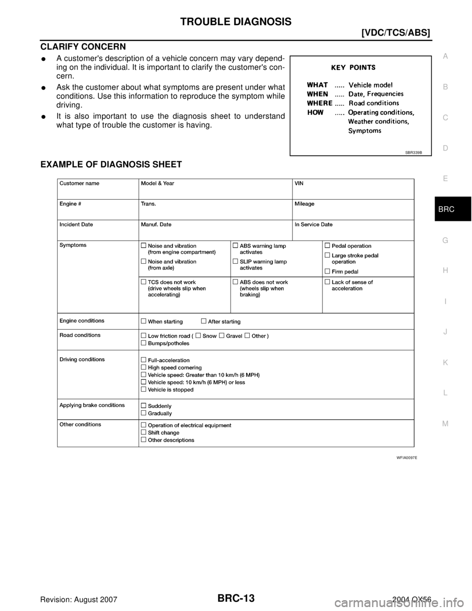 INFINITI QX56 2004  Factory Service Manual TROUBLE DIAGNOSIS
BRC-13
[VDC/TCS/ABS]
C
D
E
G
H
I
J
K
L
MA
B
BRC
Revision: August 20072004 QX56
CLARIFY CONCERN
A customers description of a vehicle concern may vary depend-
ing on the individual. 