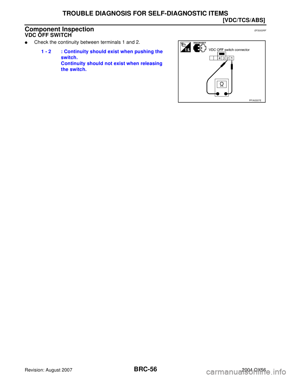 INFINITI QX56 2004  Factory Service Manual BRC-56
[VDC/TCS/ABS]
TROUBLE DIAGNOSIS FOR SELF-DIAGNOSTIC ITEMS
Revision: August 20072004 QX56
Component InspectionEF S0 03 RF
VDC OFF SWITCH
Check the continuity between terminals 1 and 2.
1 - 2 : 