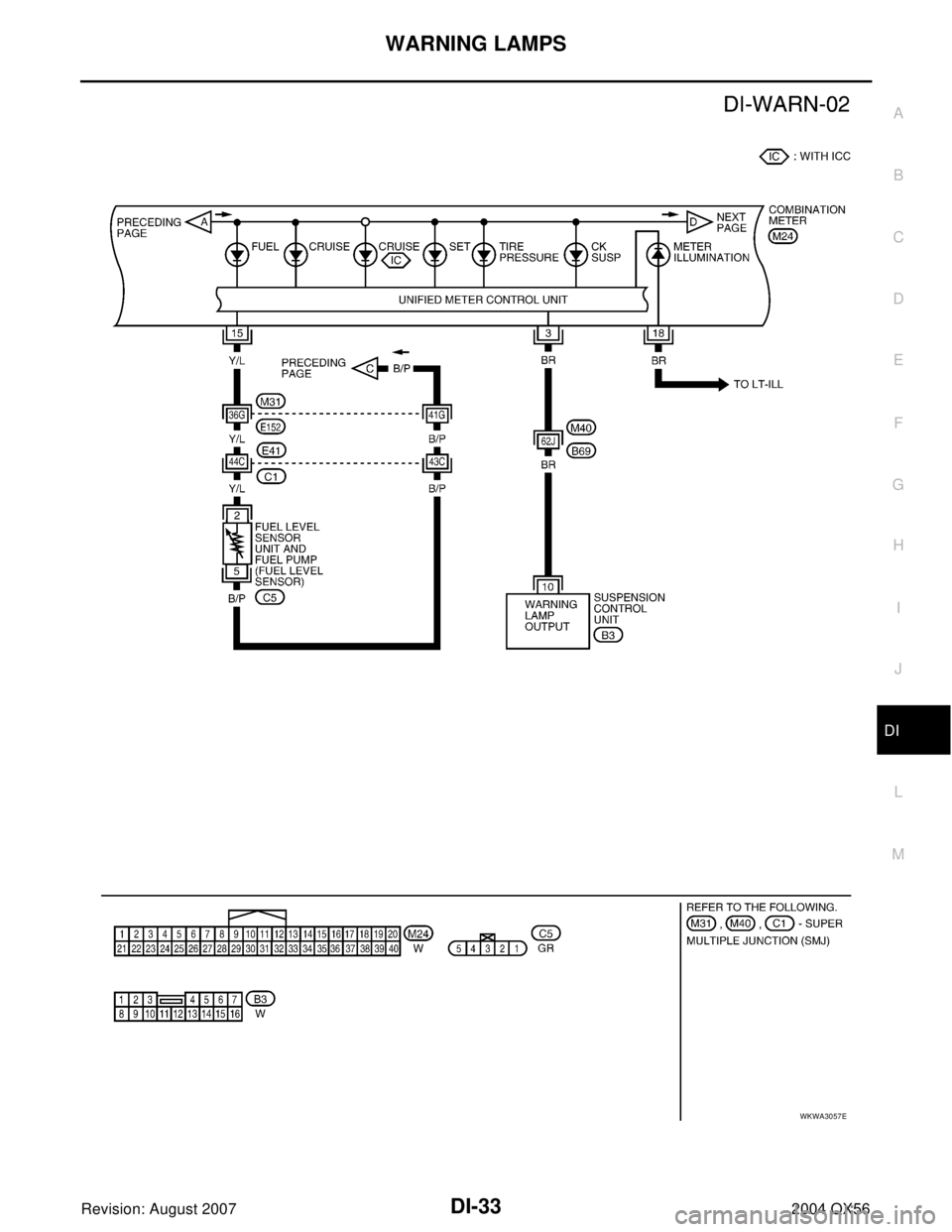 INFINITI QX56 2004  Factory Service Manual WARNING LAMPS
DI-33
C
D
E
F
G
H
I
J
L
MA
B
DI
Revision: August 20072004 QX56
WKWA3057E 