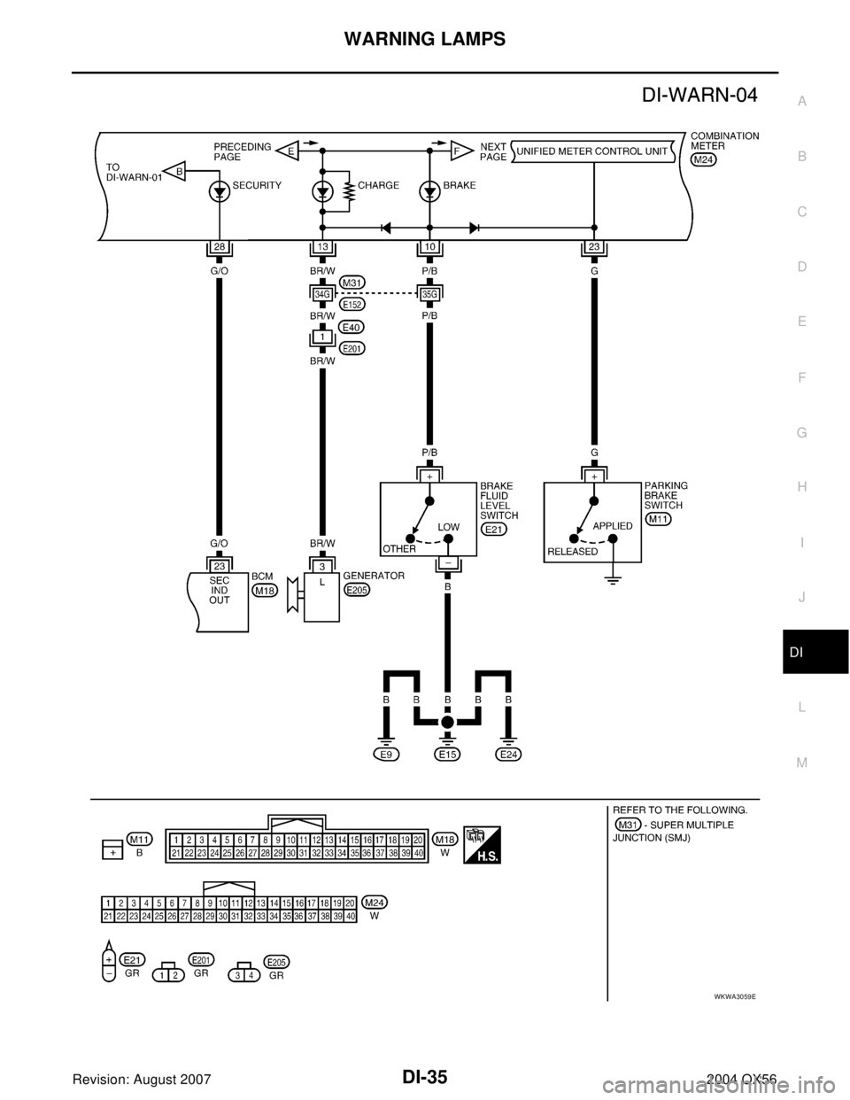 INFINITI QX56 2004  Factory Service Manual WARNING LAMPS
DI-35
C
D
E
F
G
H
I
J
L
MA
B
DI
Revision: August 20072004 QX56
WKWA3059E 