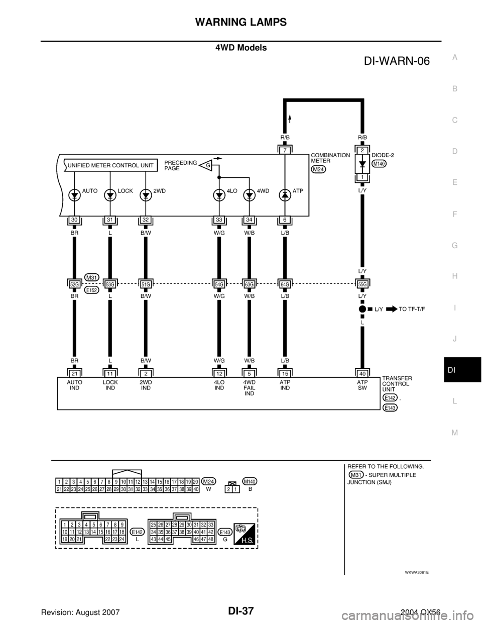 INFINITI QX56 2004  Factory Service Manual WARNING LAMPS
DI-37
C
D
E
F
G
H
I
J
L
MA
B
DI
Revision: August 20072004 QX56
4WD Models
WKWA3061E 