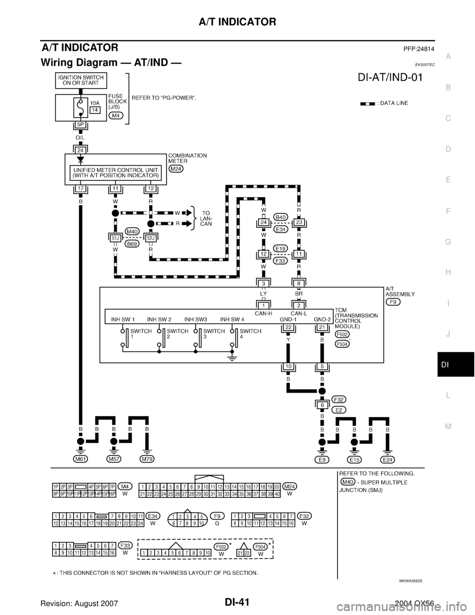 INFINITI QX56 2004  Factory Service Manual A/T INDICATOR
DI-41
C
D
E
F
G
H
I
J
L
MA
B
DI
Revision: August 20072004 QX56
A/T INDICATORPFP:24814
Wiring Diagram — AT/IND —EKS007EC
WKWA3062E 
