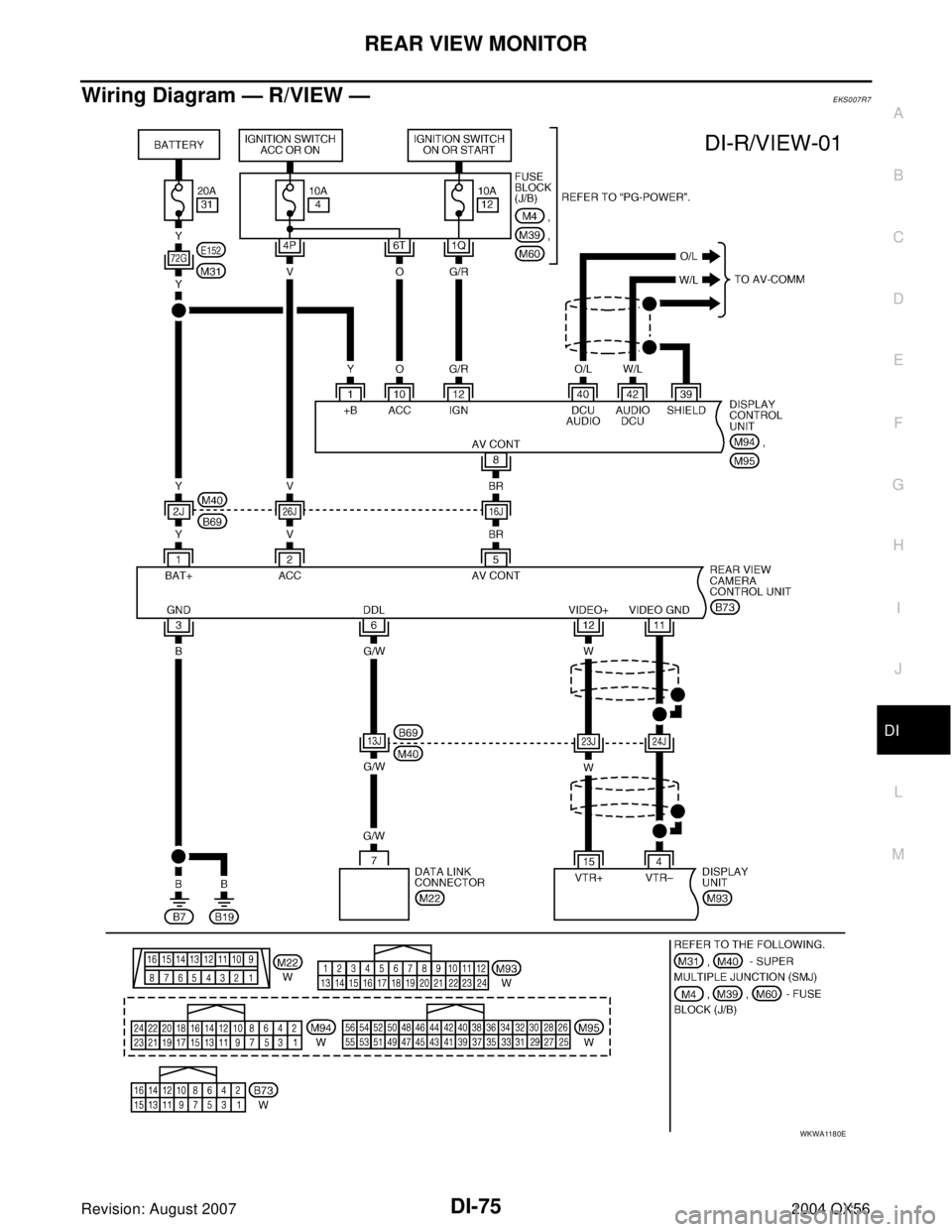 INFINITI QX56 2004  Factory Service Manual REAR VIEW MONITOR
DI-75
C
D
E
F
G
H
I
J
L
MA
B
DI
Revision: August 20072004 QX56
Wiring Diagram — R/VIEW —EKS007R7
WKWA1180E 