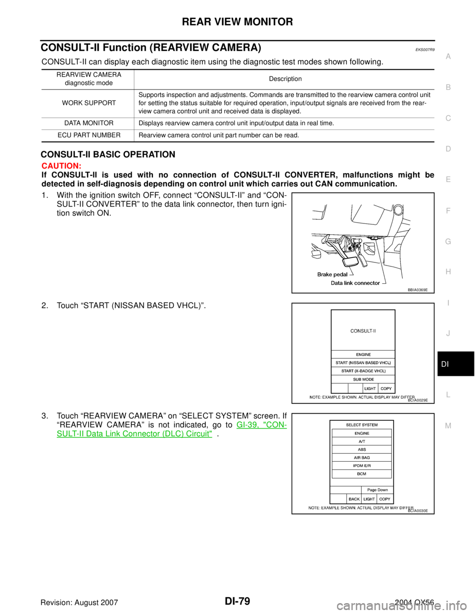 INFINITI QX56 2004  Factory Service Manual REAR VIEW MONITOR
DI-79
C
D
E
F
G
H
I
J
L
MA
B
DI
Revision: August 20072004 QX56
CONSULT-II Function (REARVIEW CAMERA)EKS007R9
CONSULT-II can display each diagnostic item using the diagnostic test mod