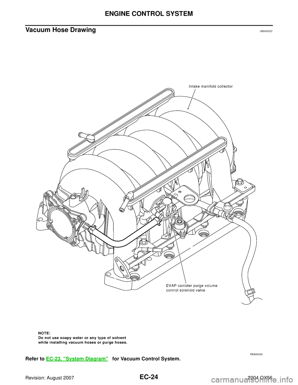 INFINITI QX56 2004  Factory Service Manual EC-24Revision: August 2007
ENGINE CONTROL SYSTEM
2004 QX56
Vacuum Hose DrawingUBS00GZC
Refer to EC-23, "System Diagram"   for Vacuum Control System.
PBIB2052E 