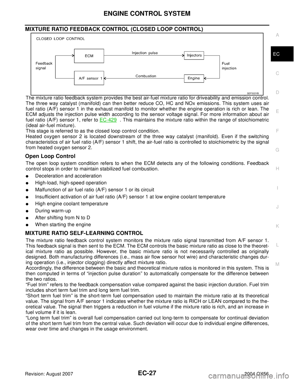 INFINITI QX56 2004 Factory Service Manual ENGINE CONTROL SYSTEM
EC-27
C
D
E
F
G
H
I
J
K
L
MA
EC
Revision: August 20072004 QX56
MIXTURE RATIO FEEDBACK CONTROL (CLOSED LOOP CONTROL)
The mixture ratio feedback system provides the best air-fuel m INFINITI QX56 2004 Factory Service Manual ENGINE CONTROL SYSTEM
EC-27
C
D
E
F
G
H
I
J
K
L
MA
EC
Revision: August 20072004 QX56
MIXTURE RATIO FEEDBACK CONTROL (CLOSED LOOP CONTROL)
The mixture ratio feedback system provides the best air-fuel m
