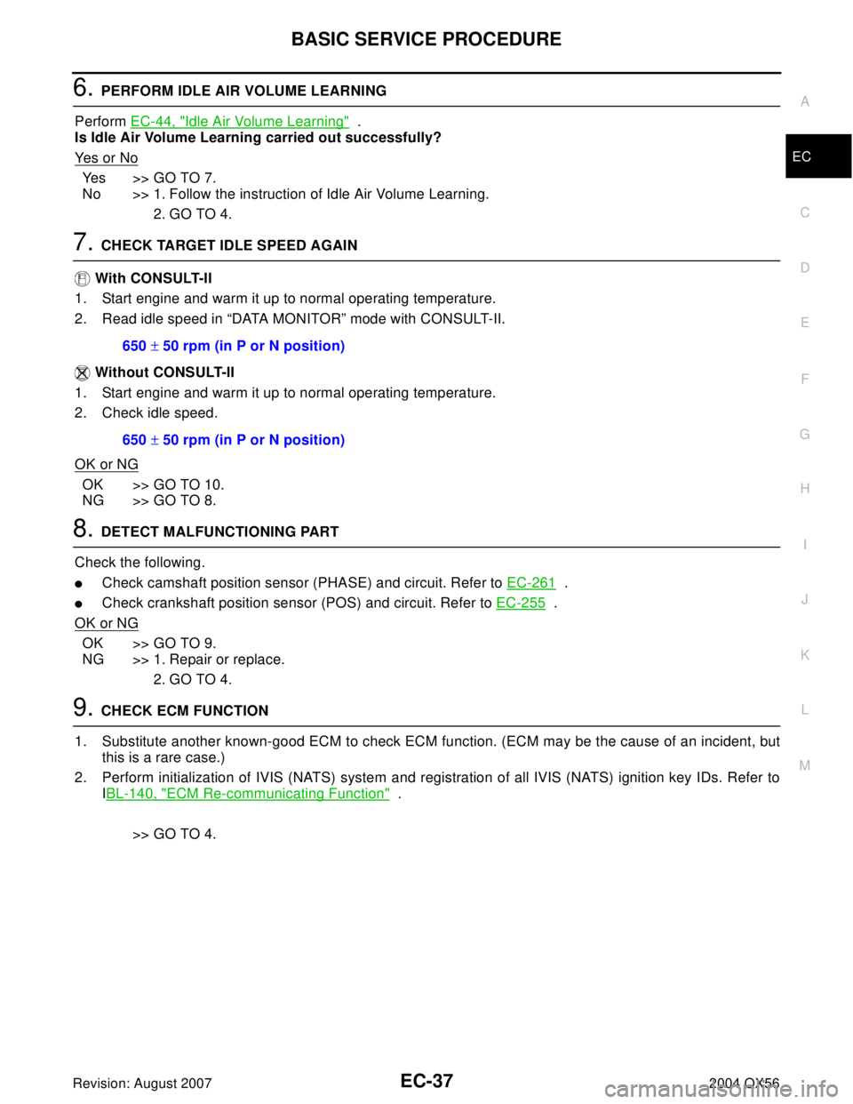INFINITI QX56 2004  Factory Service Manual BASIC SERVICE PROCEDURE
EC-37
C
D
E
F
G
H
I
J
K
L
MA
EC
Revision: August 20072004 QX56
6. PERFORM IDLE AIR VOLUME LEARNING
Perform EC-44, "
Idle Air Volume Learning"  .
Is Idle Air Volume Learning car