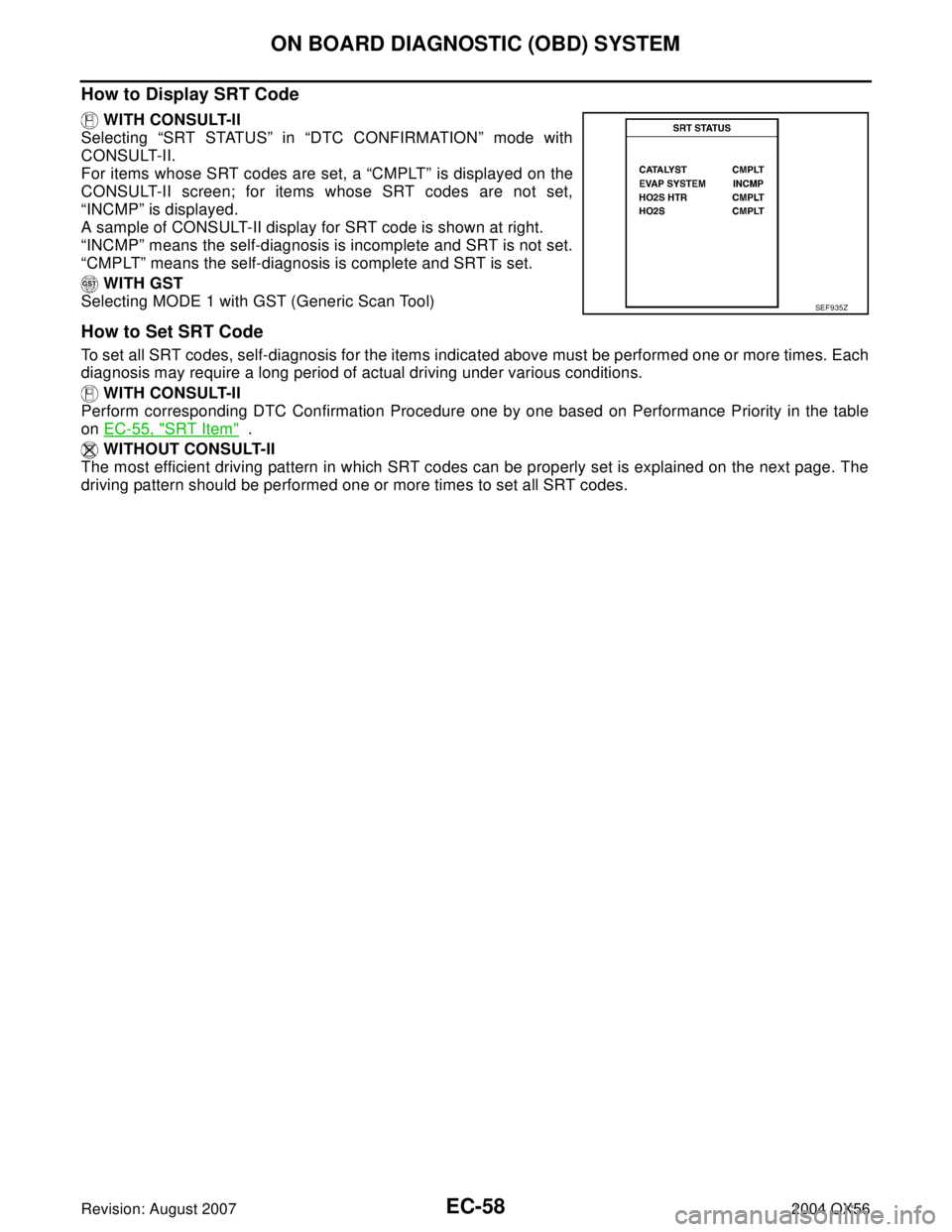 INFINITI QX56 2004  Factory Service Manual EC-58Revision: August 2007
ON BOARD DIAGNOSTIC (OBD) SYSTEM
2004 QX56
How to Display SRT Code
 WITH CONSULT-II
Selecting “SRT STATUS” in “DTC CONFIRMATION” mode with
CONSULT-II.
For items whos
