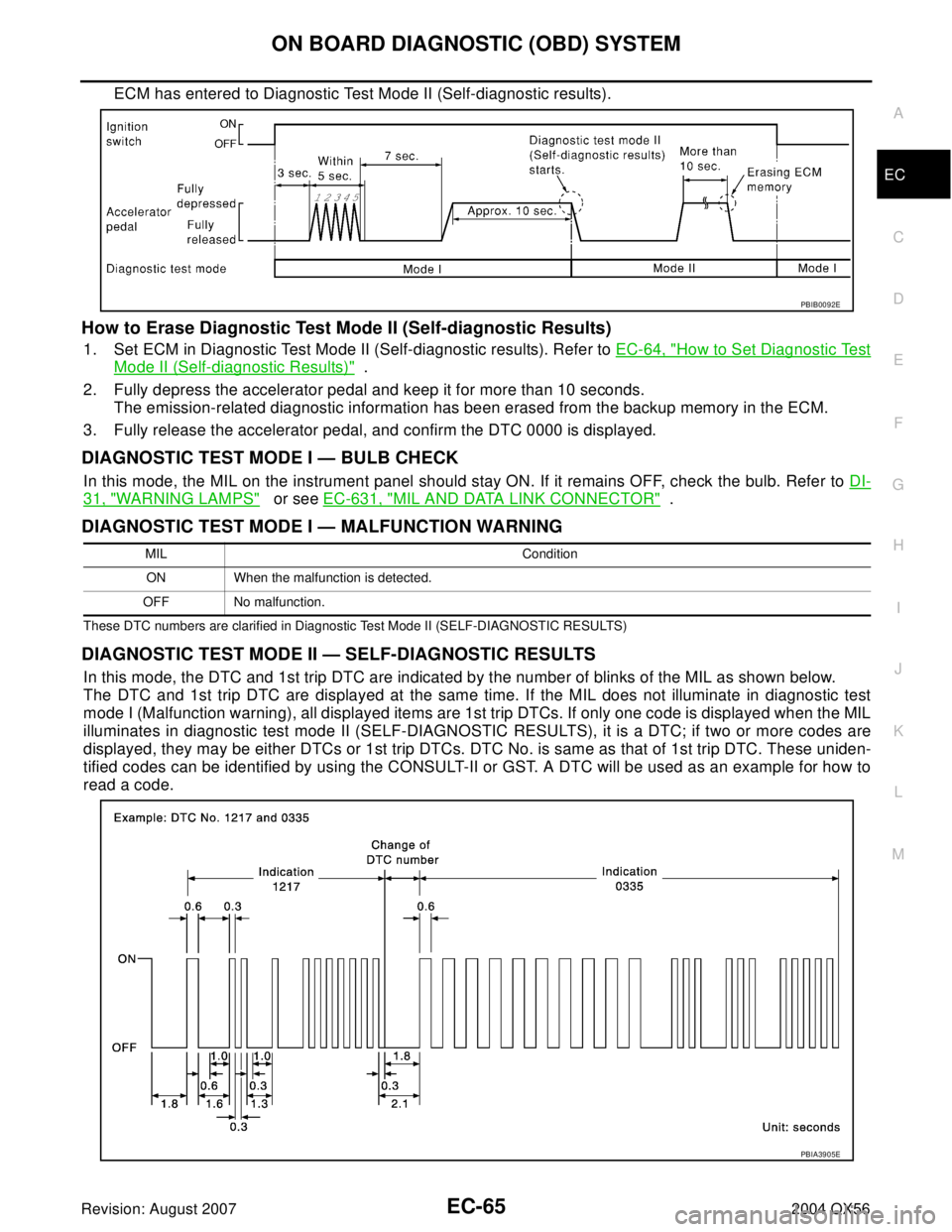 INFINITI QX56 2004  Factory Service Manual ON BOARD DIAGNOSTIC (OBD) SYSTEM
EC-65
C
D
E
F
G
H
I
J
K
L
MA
EC
Revision: August 20072004 QX56
ECM has entered to Diagnostic Test Mode II (Self-diagnostic results).
How to Erase Diagnostic Test Mode 