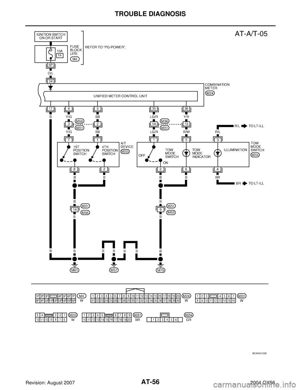 INFINITI QX56 2004  Factory Service Manual AT-56
TROUBLE DIAGNOSIS
Revision: August 20072004 QX56
BCWA0155E 