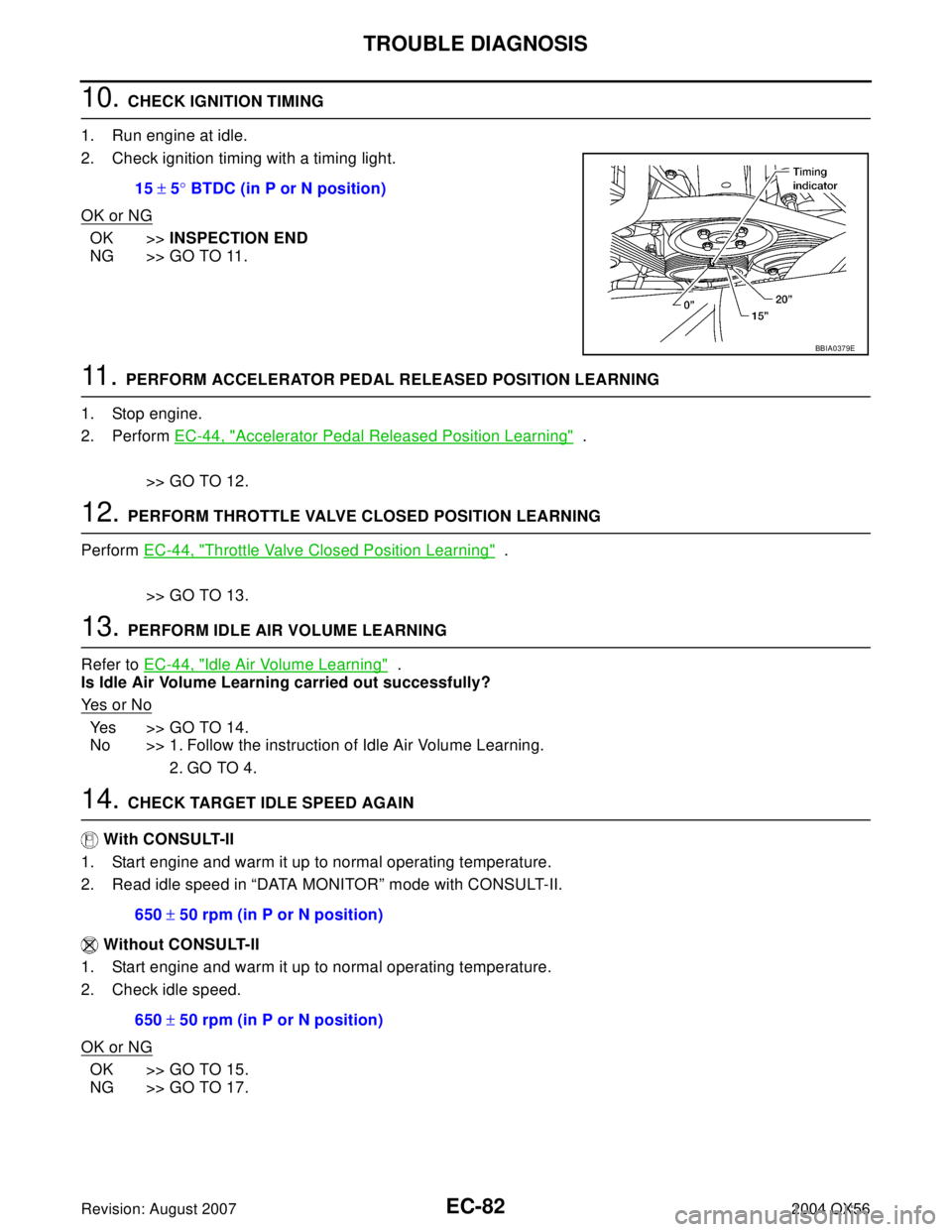 INFINITI QX56 2004  Factory Service Manual EC-82Revision: August 2007
TROUBLE DIAGNOSIS
2004 QX56
10. CHECK IGNITION TIMING
1. Run engine at idle.
2. Check ignition timing with a timing light.
OK or NG
OK >>INSPECTION END
NG >> GO TO 11.
11 . 