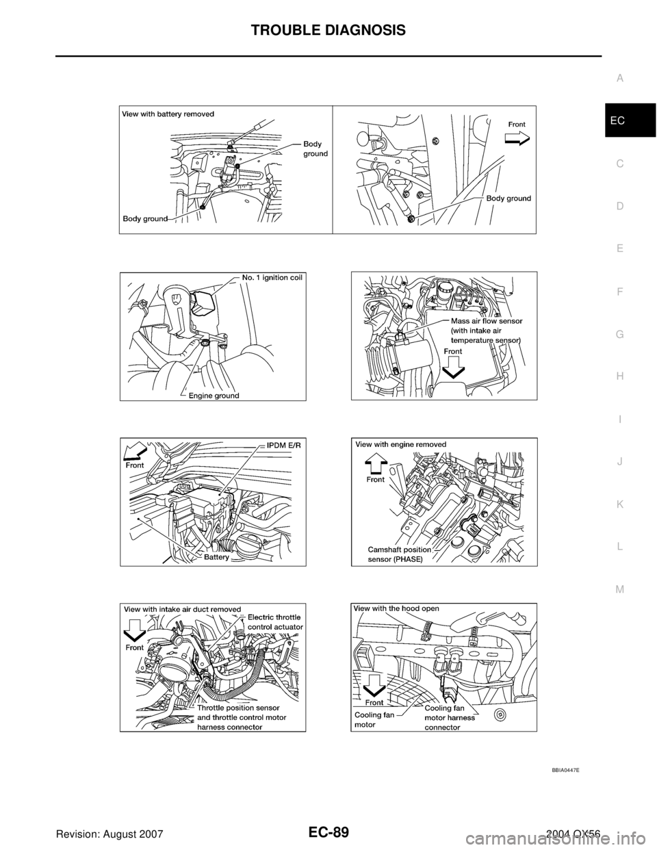 INFINITI QX56 2004  Factory Service Manual TROUBLE DIAGNOSIS
EC-89
C
D
E
F
G
H
I
J
K
L
MA
EC
Revision: August 20072004 QX56
BBIA0447E 