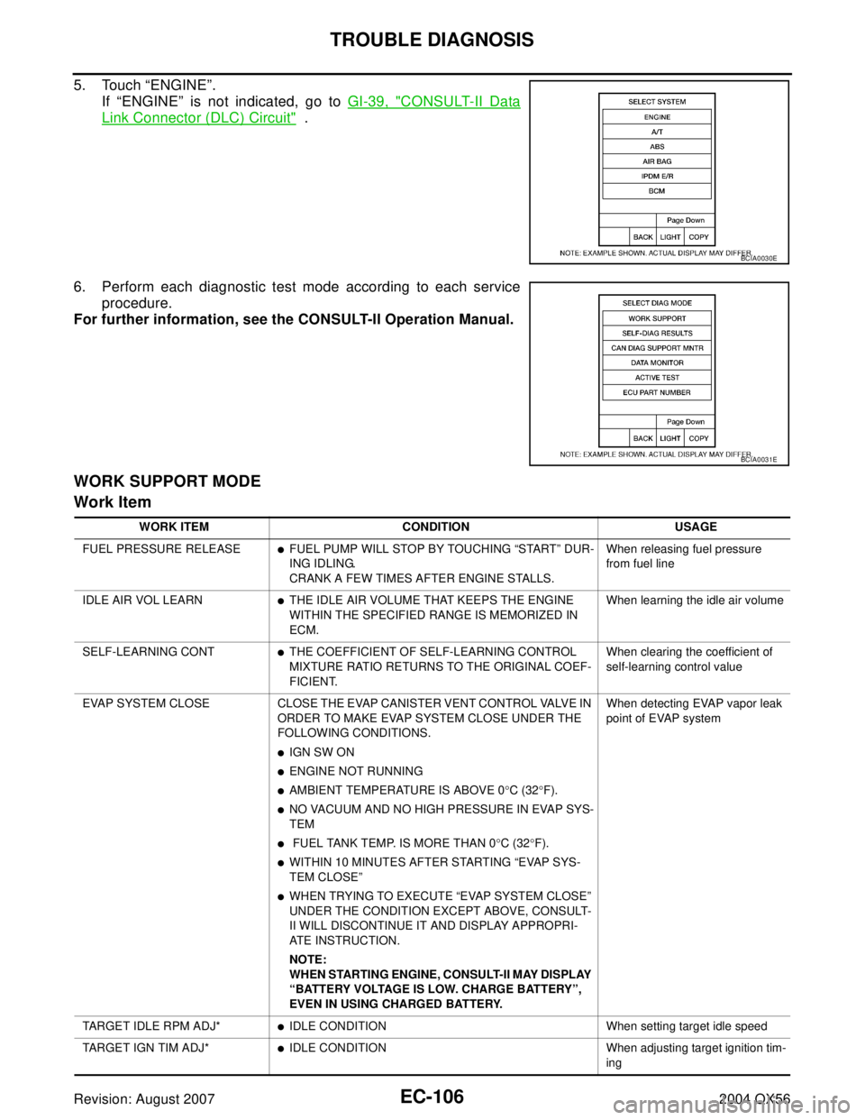 INFINITI QX56 2004  Factory Service Manual EC-106Revision: August 2007
TROUBLE DIAGNOSIS
2004 QX56
5. Touch “ENGINE”.
If “ENGINE” is not indicated, go to GI-39, "
CONSULT-II Data
Link Connector (DLC) Circuit"  .
6. Perform each diagnos