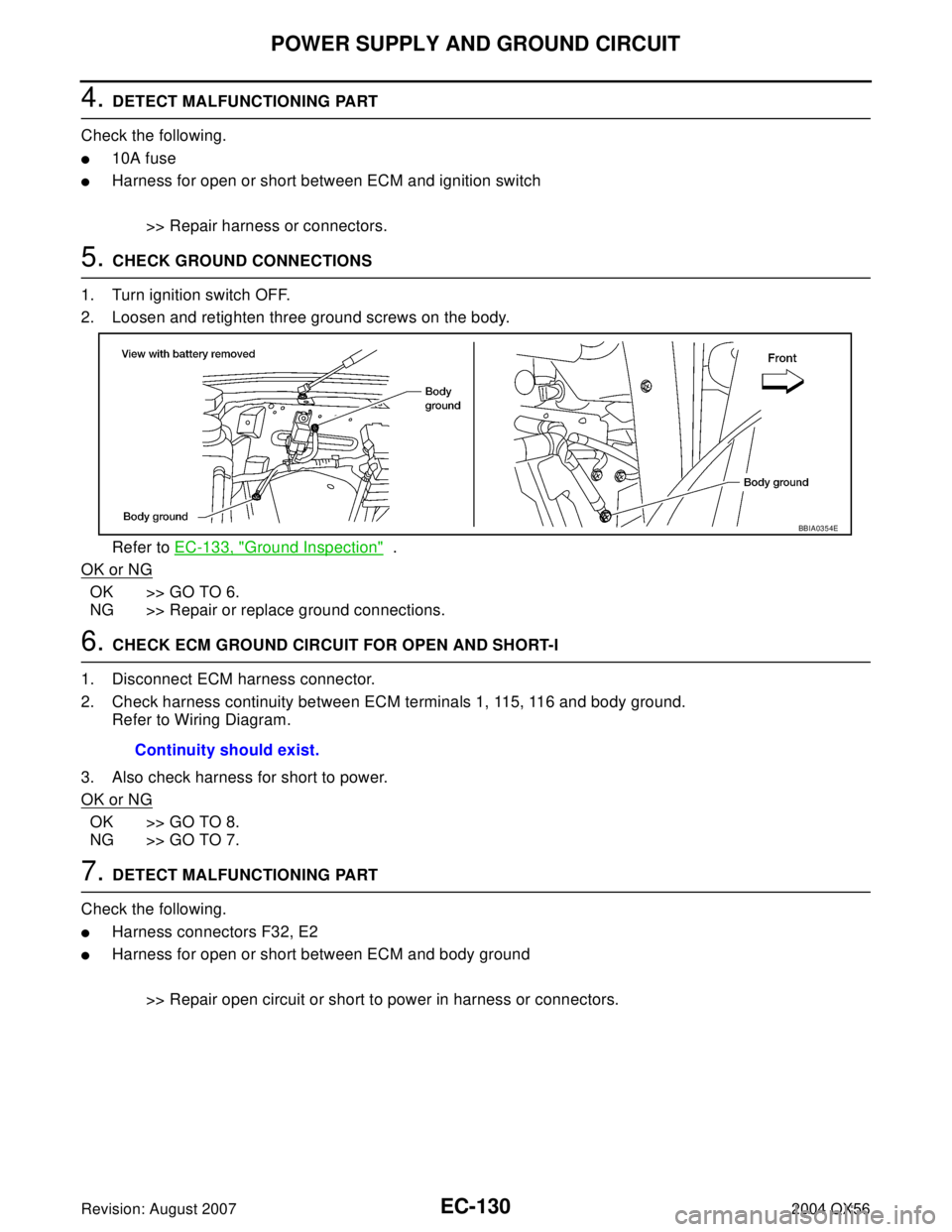 INFINITI QX56 2004  Factory Service Manual EC-130Revision: August 2007
POWER SUPPLY AND GROUND CIRCUIT
2004 QX56
4. DETECT MALFUNCTIONING PART
Check the following.
10A fuse
Harness for open or short between ECM and ignition switch
>> Repair 