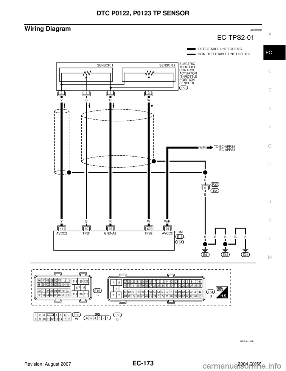 INFINITI QX56 2004  Factory Service Manual DTC P0122, P0123 TP SENSOR
EC-173
C
D
E
F
G
H
I
J
K
L
MA
EC
Revision: August 20072004 QX56
Wiring DiagramUBS00H1U
BBWA11 67 E 