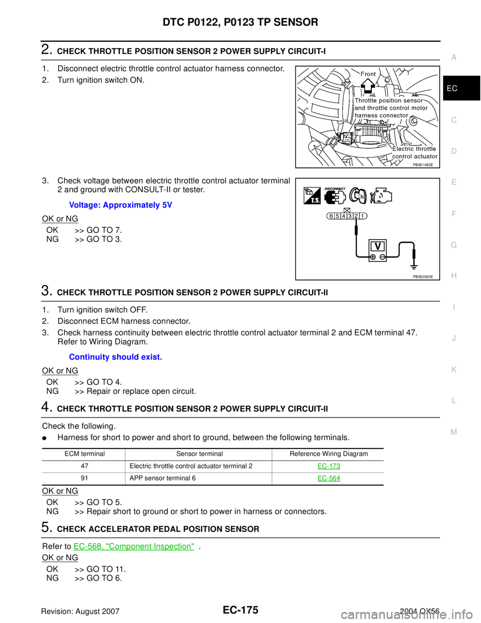 INFINITI QX56 2004  Factory Service Manual DTC P0122, P0123 TP SENSOR
EC-175
C
D
E
F
G
H
I
J
K
L
MA
EC
Revision: August 20072004 QX56
2. CHECK THROTTLE POSITION SENSOR 2 POWER SUPPLY CIRCUIT-I
1. Disconnect electric throttle control actuator h