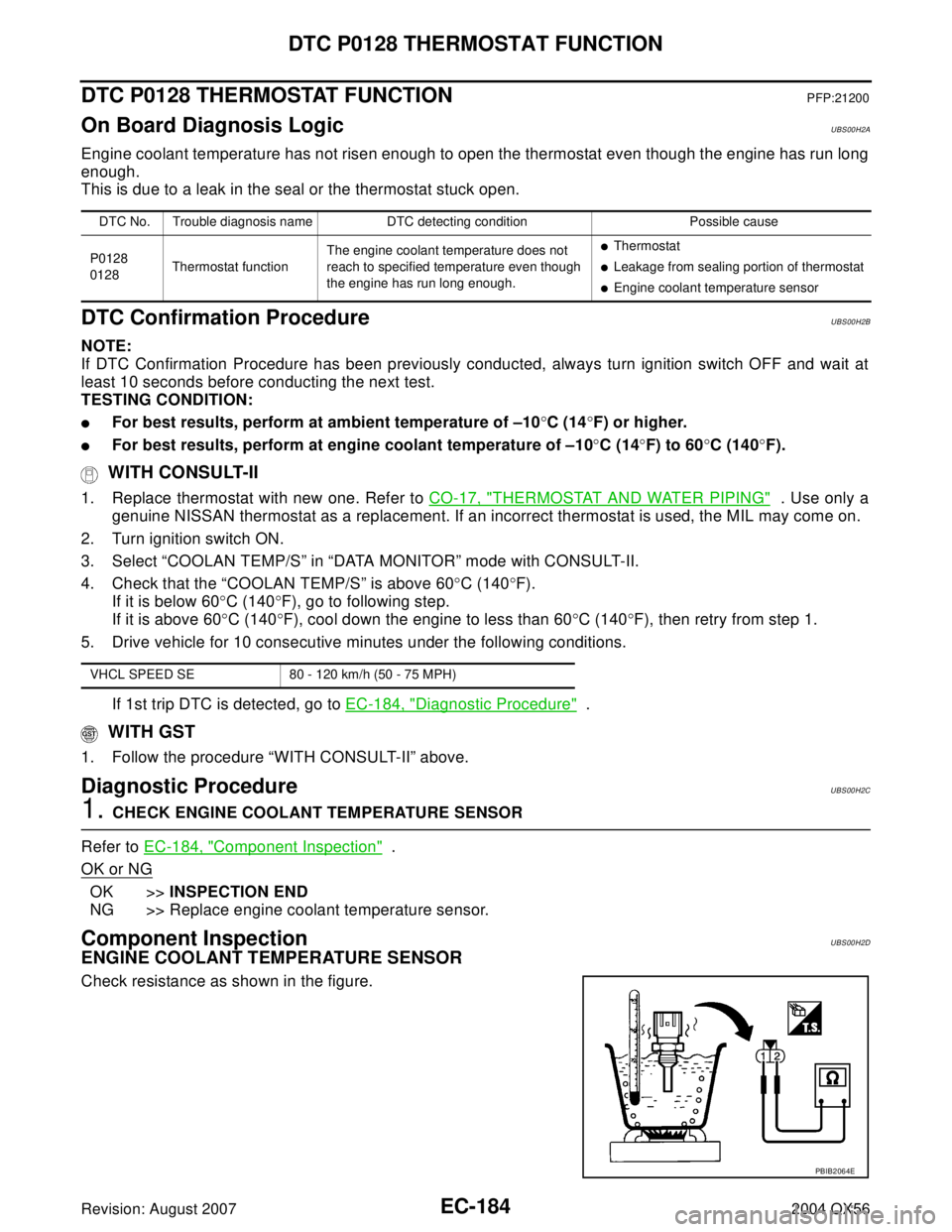 INFINITI QX56 2004 Factory Service Manual EC-184Revision: August 2007
DTC P0128 THERMOSTAT FUNCTION
2004 QX56
DTC P0128 THERMOSTAT FUNCTIONPFP:21200
On Board Diagnosis LogicUBS00H2A
Engine coolant temperature has not risen enough to open the INFINITI QX56 2004 Factory Service Manual EC-184Revision: August 2007
DTC P0128 THERMOSTAT FUNCTION
2004 QX56
DTC P0128 THERMOSTAT FUNCTIONPFP:21200
On Board Diagnosis LogicUBS00H2A
Engine coolant temperature has not risen enough to open the