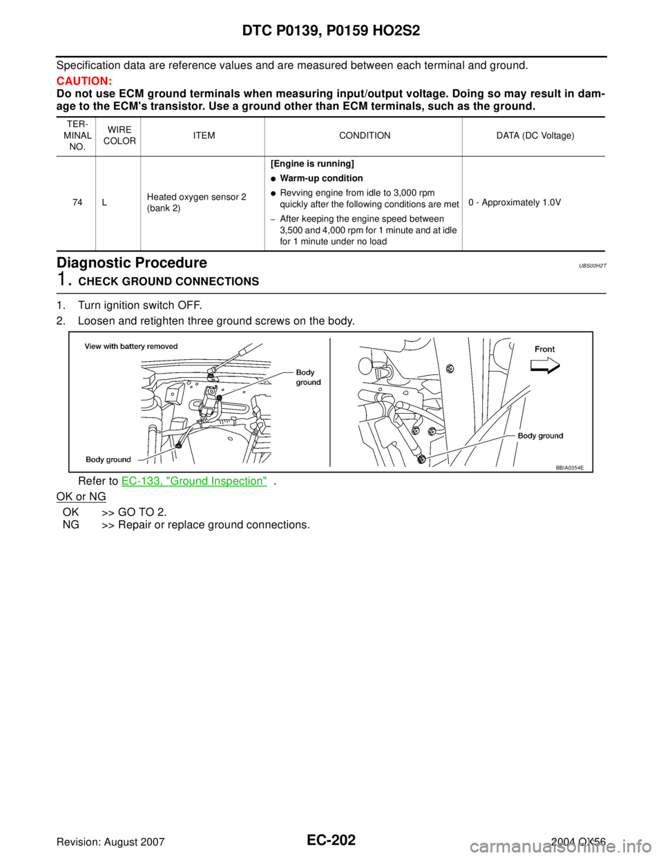 INFINITI QX56 2004  Factory Service Manual EC-202Revision: August 2007
DTC P0139, P0159 HO2S2
2004 QX56
Specification data are reference values and are measured between each terminal and ground.
CAUTION:
Do not use ECM ground terminals when me