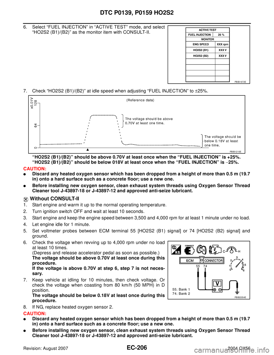 INFINITI QX56 2004 Factory Service Manual EC-206Revision: August 2007
DTC P0139, P0159 HO2S2
2004 QX56
6. Select “FUEL INJECTION” in “ACTIVE TEST” mode, and select
“HO2S2 (B1)/(B2)” as the monitor item with CONSULT-II.
7. Check INFINITI QX56 2004 Factory Service Manual EC-206Revision: August 2007
DTC P0139, P0159 HO2S2
2004 QX56
6. Select “FUEL INJECTION” in “ACTIVE TEST” mode, and select
“HO2S2 (B1)/(B2)” as the monitor item with CONSULT-II.
7. Check
