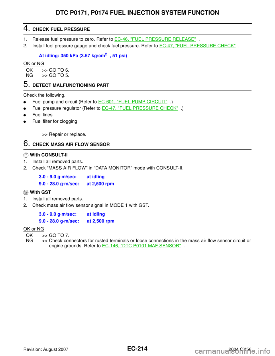 INFINITI QX56 2004  Factory Service Manual EC-214Revision: August 2007
DTC P0171, P0174 FUEL INJECTION SYSTEM FUNCTION
2004 QX56
4. CHECK FUEL PRESSURE
1. Release fuel pressure to zero. Refer to EC-46, "
FUEL PRESSURE RELEASE"  .
2. Install fu
