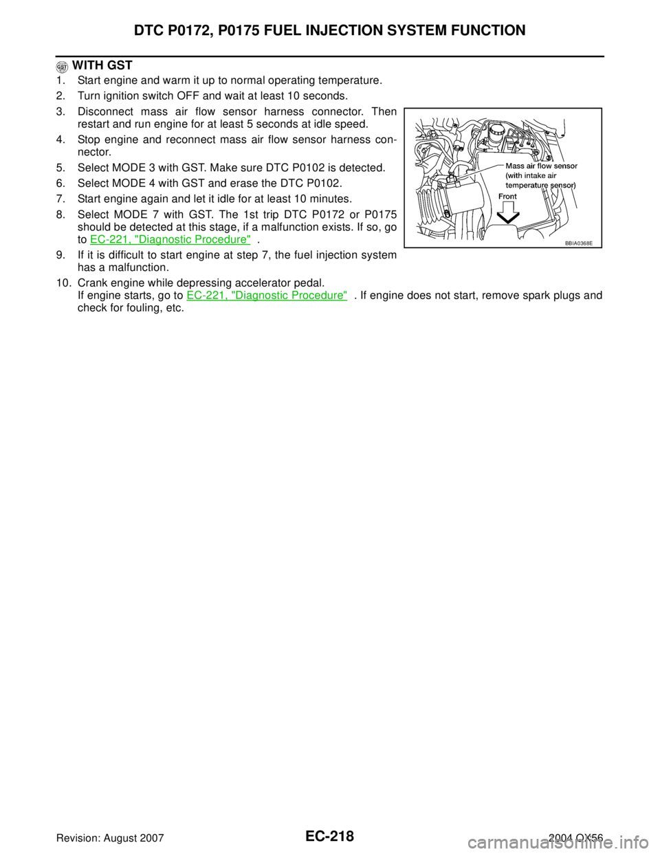 INFINITI QX56 2004 Factory Service Manual EC-218Revision: August 2007
DTC P0172, P0175 FUEL INJECTION SYSTEM FUNCTION
2004 QX56
WITH GST
1. Start engine and warm it up to normal operating temperature.
2. Turn ignition switch OFF and wait at INFINITI QX56 2004 Factory Service Manual EC-218Revision: August 2007
DTC P0172, P0175 FUEL INJECTION SYSTEM FUNCTION
2004 QX56
WITH GST
1. Start engine and warm it up to normal operating temperature.
2. Turn ignition switch OFF and wait at